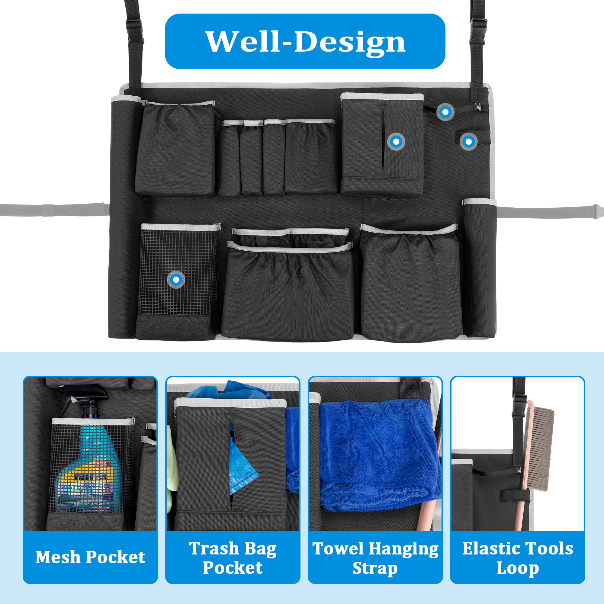 HODRANT Trash Can Caddy Bag Fit 32-55 Gallon Garbage Bin, Cleaning Caddy Bag with Adjustable Buckle for Industrial Trash Can, 13 Pockets Tool Organizer for Cleaning Supplies, Gray Edge