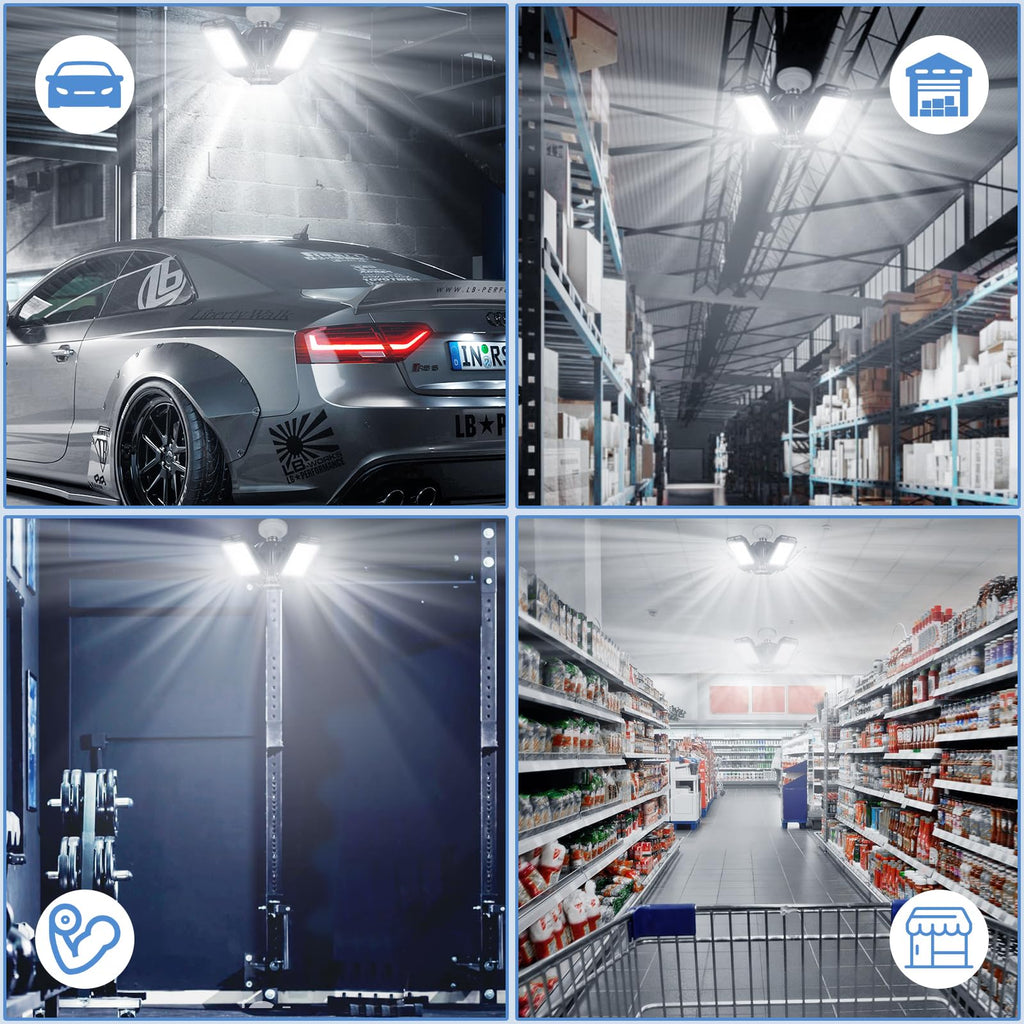 Aoretic LED Garage Lights Bulb-2 Pack Led Shop Light with 3 Deformable Panels, Basement Barn Light Garage Ceiling Lights, E26/E27 for Garage, Warehouse, Shop, Basement