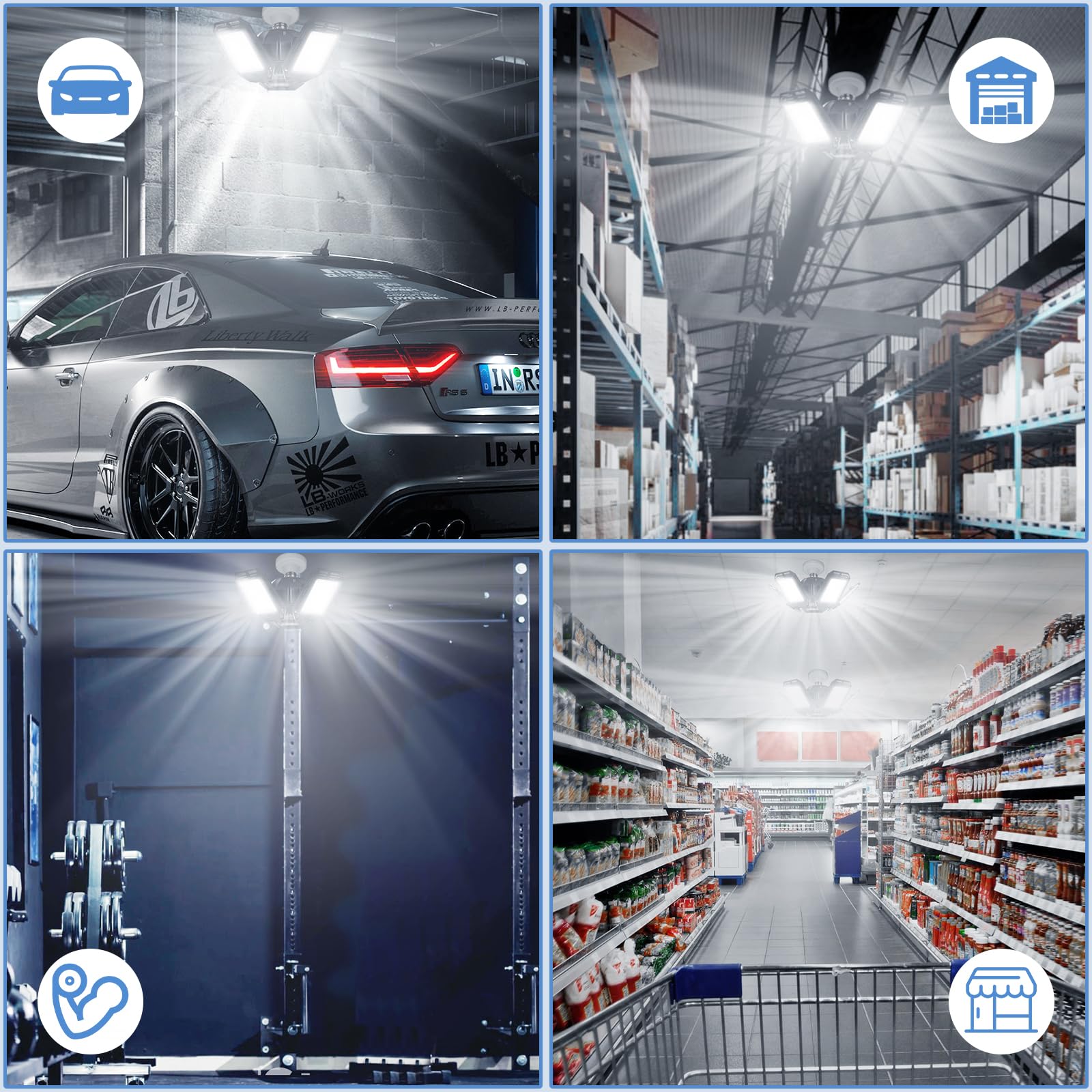Aoretic LED Garage Lights Bulb-2 Pack Led Shop Light with 3 Deformable Panels, Basement Barn Light Garage Ceiling Lights, E26/E27 for Garage, Warehouse, Shop, Basement