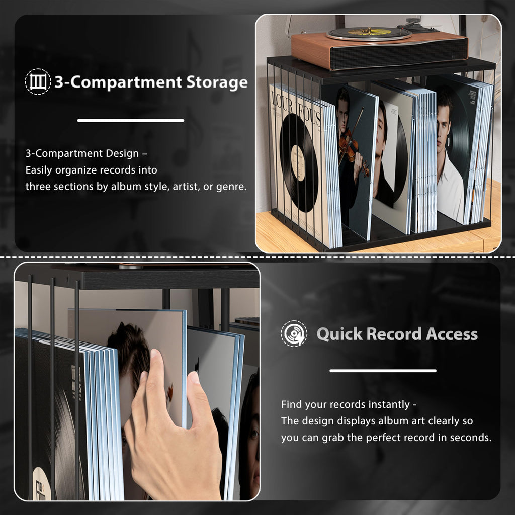 Emfogo Vinyl Record Storage, Metal & Wooden Vinyl Record Holder Up to 80 Album, 3-Compartment Record Player Stand for Magazine, Book, Files, Albums (Black)