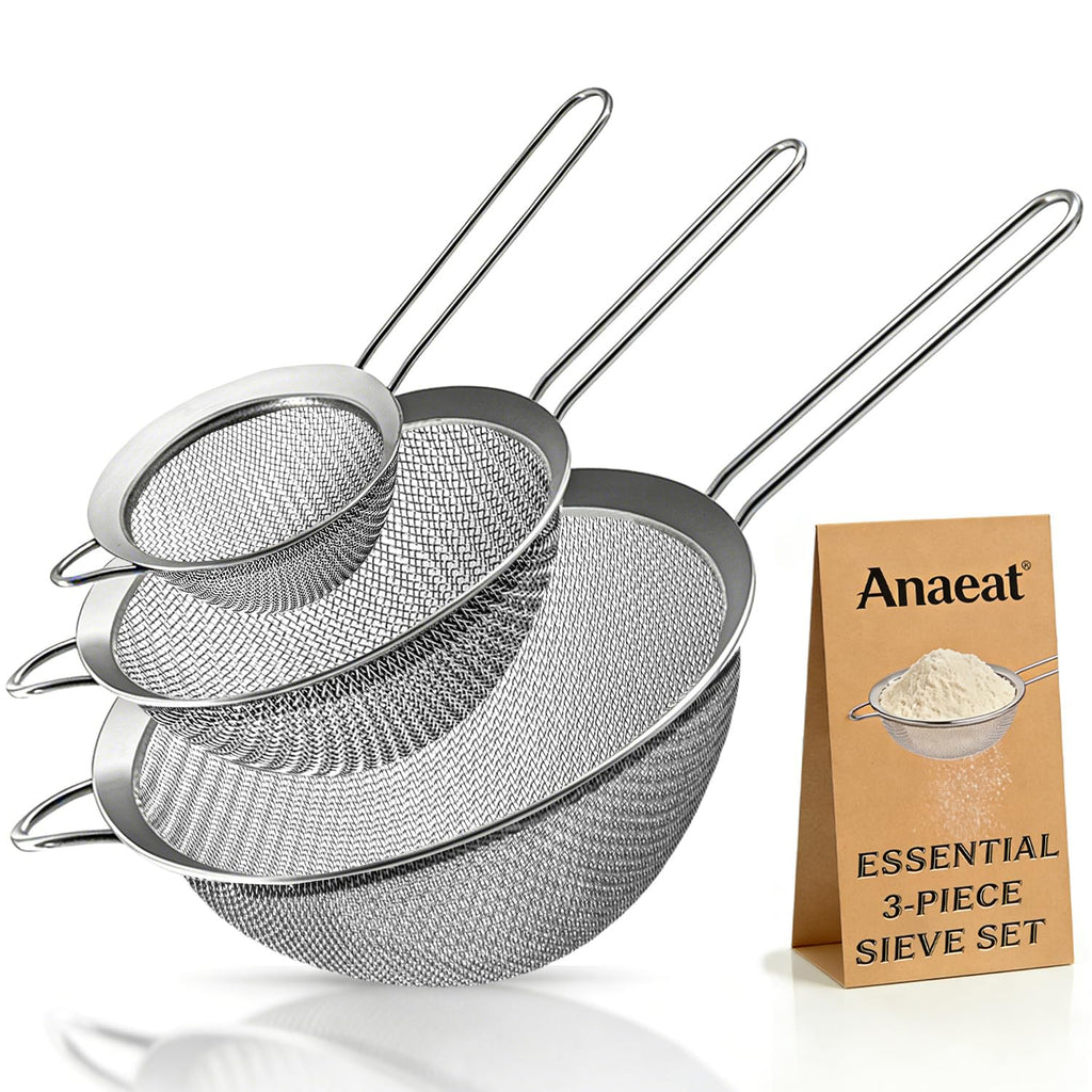 Anaeat Fine Mesh Strainers - Premium Stainless Steel Colander Sieve Sifters, with Durable Mesh and Sturdy Handle, Great for Sifting Dry Ingredients, Flour, Pastas, Rice, Food, Tea (3.15"+5.5"+7.87")