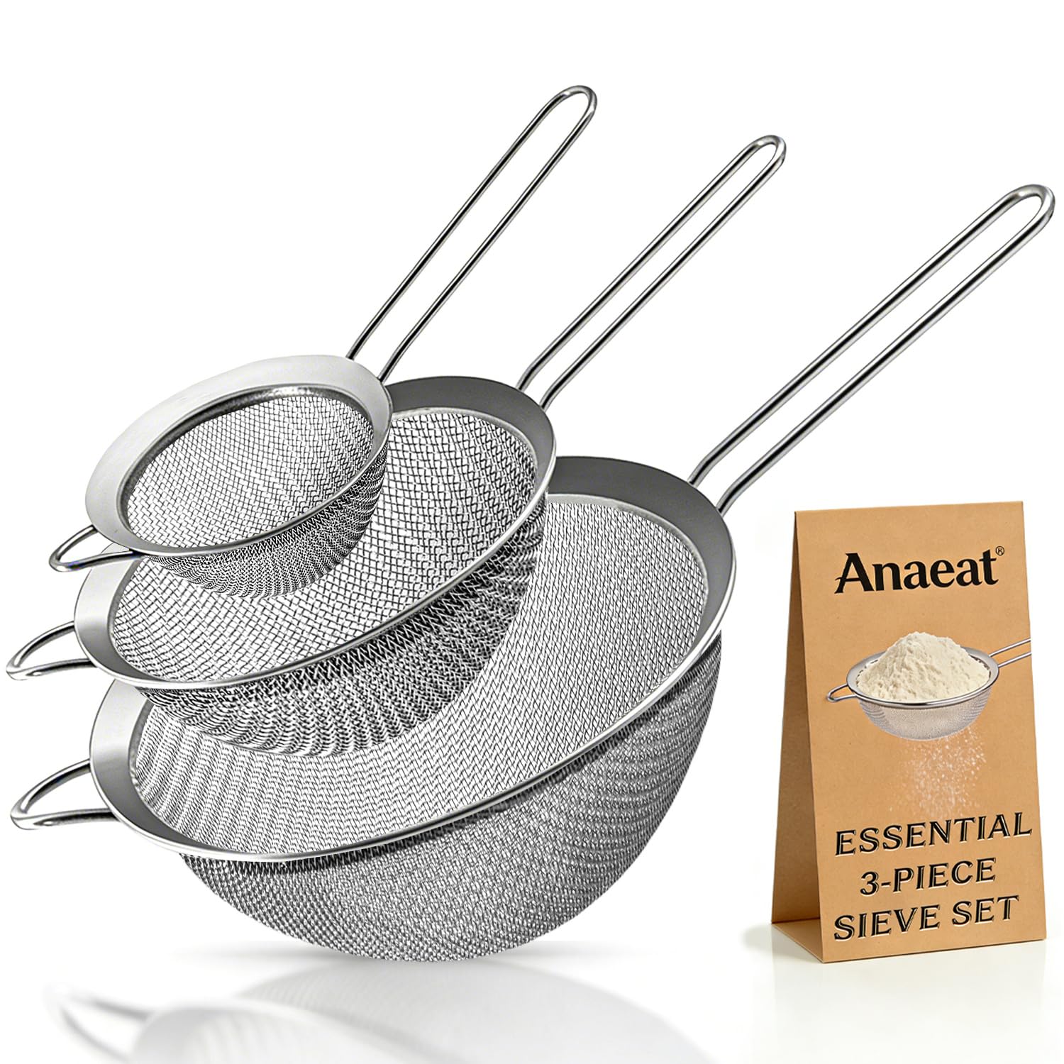 Anaeat Fine Mesh Strainers - Premium Stainless Steel Colander Sieve Sifters, with Durable Mesh and Sturdy Handle, Great for Sifting Dry Ingredients, Flour, Pastas, Rice, Food, Tea (3.15"+5.5"+7.87")