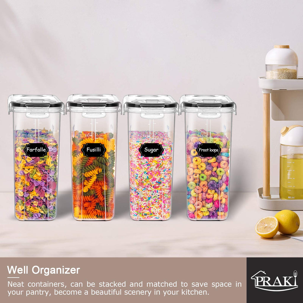 PRAKI 5PCS Cereal Containers Storage Set, BPA-Free Airtight Food Storage Container Set with Lids, Kitchen Pantry Organization & Storage, Perfect for Sugar, Baking Supplies - 20 Lables & Mark(4L Black)