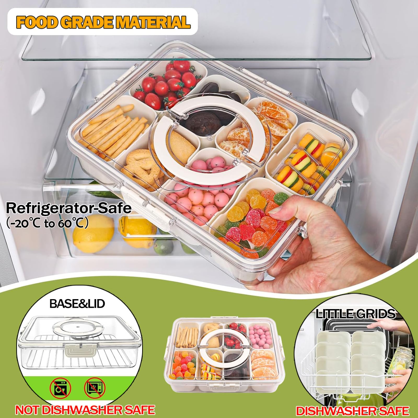 KIGITIONE Divided Snackle Box, 8 Compartments Portable Serving Tray with Lid and Handle, Clear Snack Platter Organizer for Fruits, Snacks, Nuts, Candy, Ideal for Party, Travel & Picnics