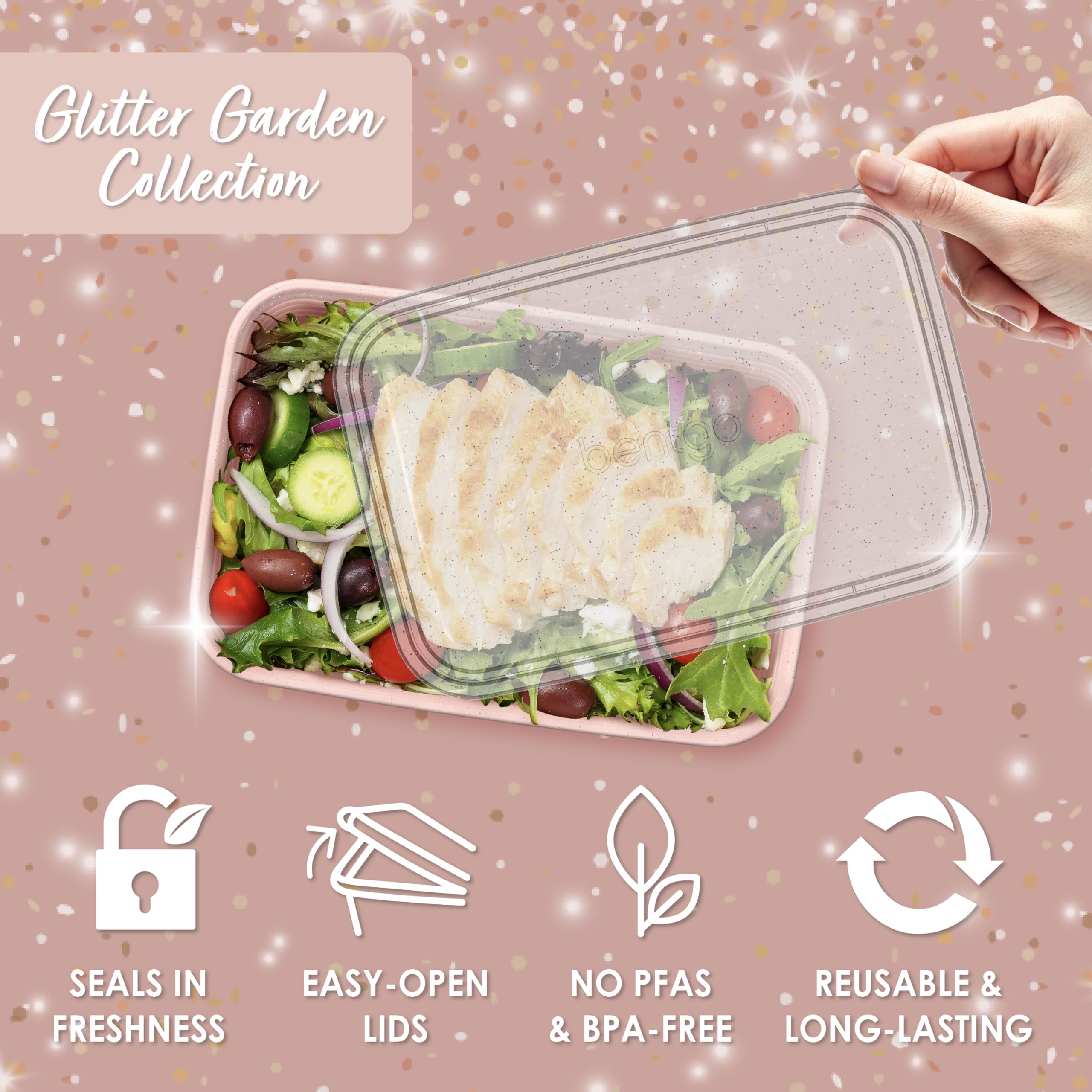 Bentgo Prep - 20-Piece 1-Compartment Reusable Meal Prep Containers with Lids, PFAS & BPA Free Materials, Durable, Microwave, Freezer, & Dishwasher Safe To Go Food Storage (Peony Glitter)