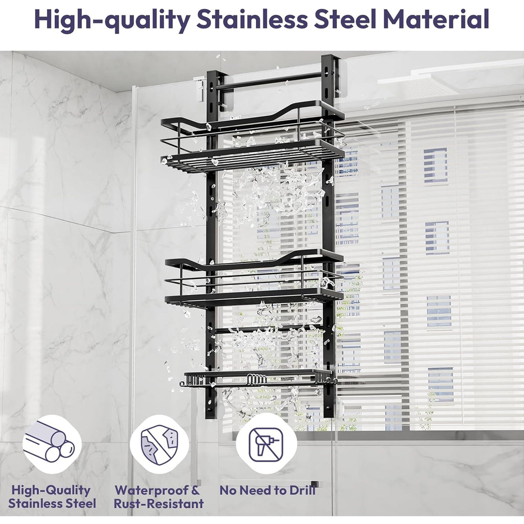 SWTYMIKI Shower Caddy Hanging Adjustable - 3 Tier No Drill Over the Door Hanging Shower Organizer Shelf with Hooks and Soap Holder, Bathroom Organizer Rust Resistant for Shampoo Razor, Black