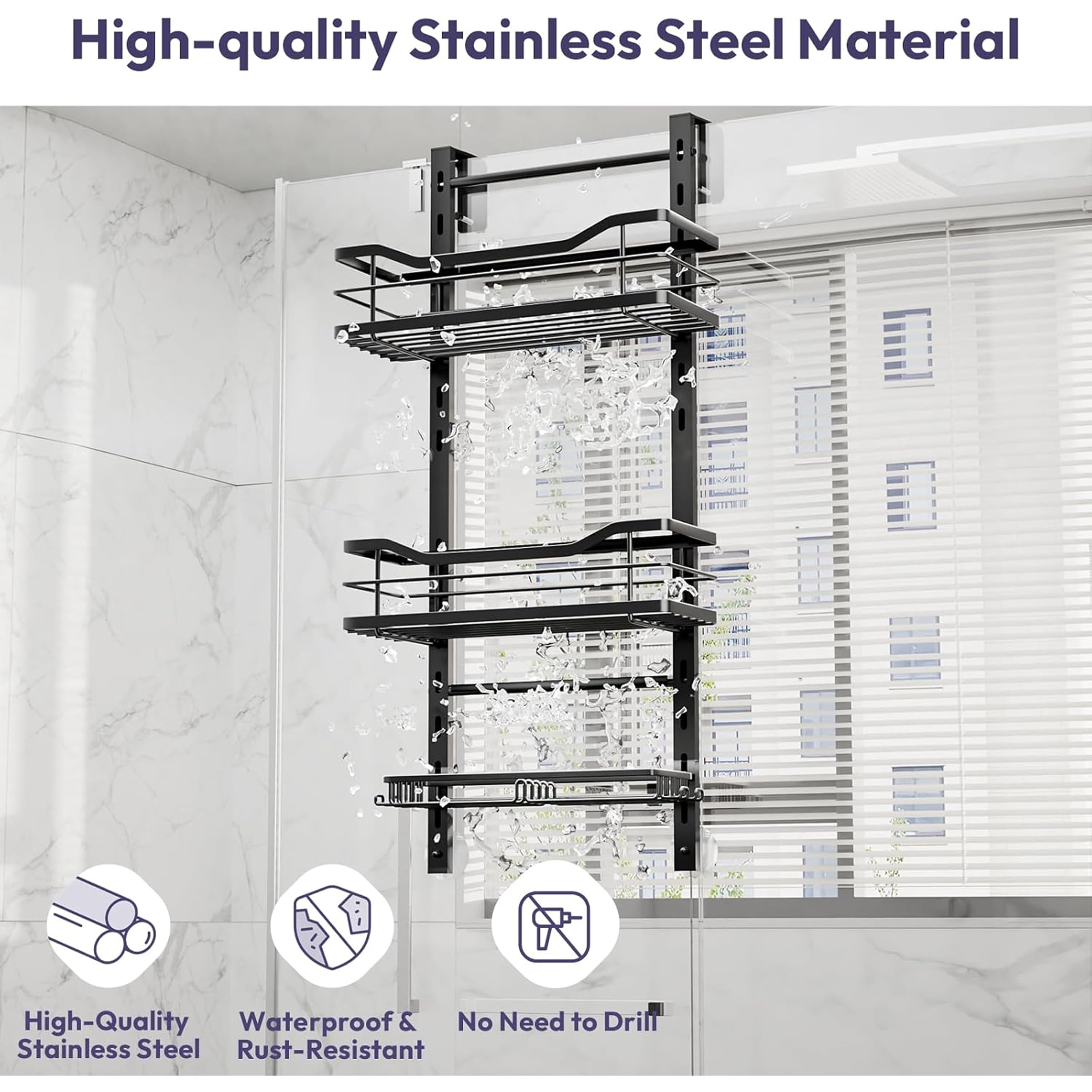 SWTYMIKI Shower Caddy Hanging Adjustable - 3 Tier No Drill Over the Door Hanging Shower Organizer Shelf with Hooks and Soap Holder, Bathroom Organizer Rust Resistant for Shampoo Razor, Black