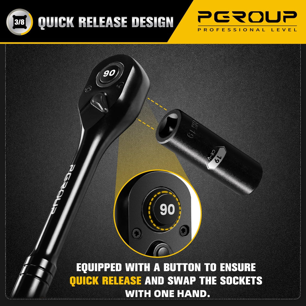 pgroup 3/8-Inch Drive Ratchet Wrench, 90 Tooth Reversible Ratchet, 4-Degree Swing, Ergonomic Handle, Chrome Alloy Made, Quick Release Ratchet Wrench for Repairing, Home, DIY