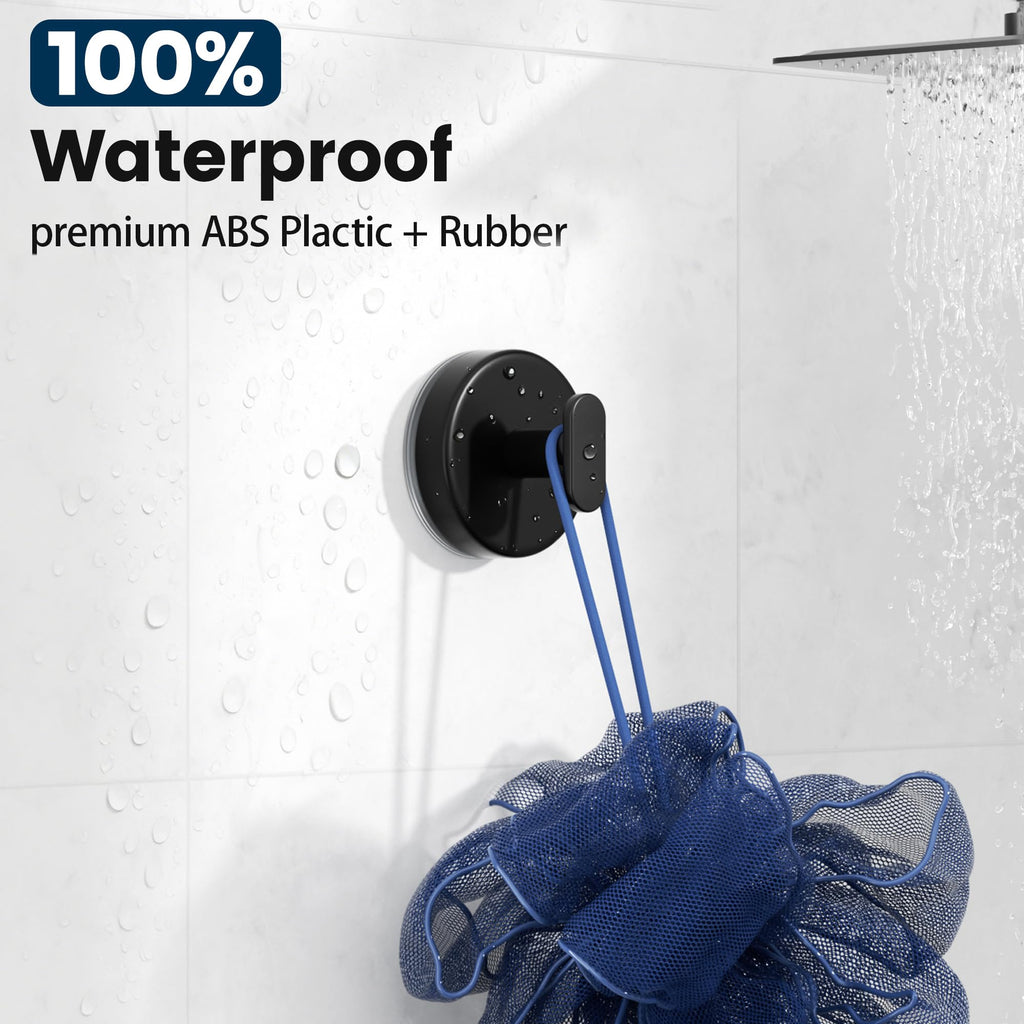 Suction Cup Hooks for Shower: 15 LB Strong Wall Hanger for Bathroom, Front Door, Glass, Window, RV, Holder for Towel, Christmas Wreath, Coat, Loofah, Waterproof & Reusable, Matt Black 4 Pack