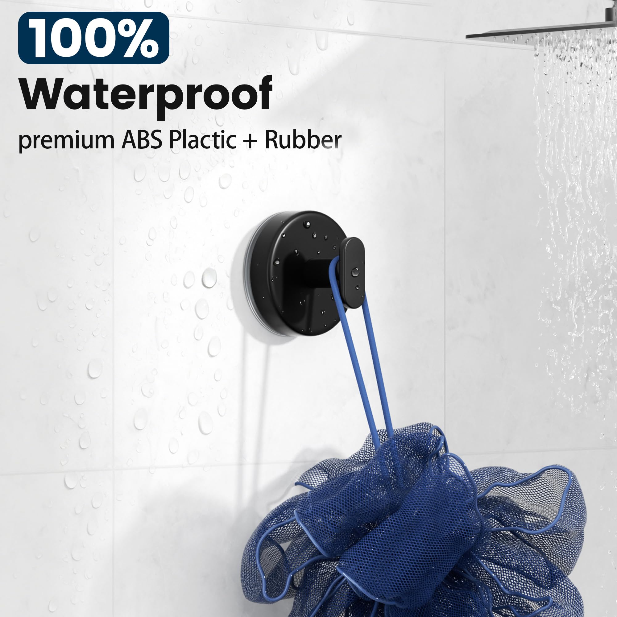 Suction Cup Hooks for Shower: 15 LB Strong Wall Hanger for Bathroom, Front Door, Glass, Window, RV, Holder for Towel, Christmas Wreath, Coat, Loofah, Waterproof & Reusable, Matt Black 4 Pack