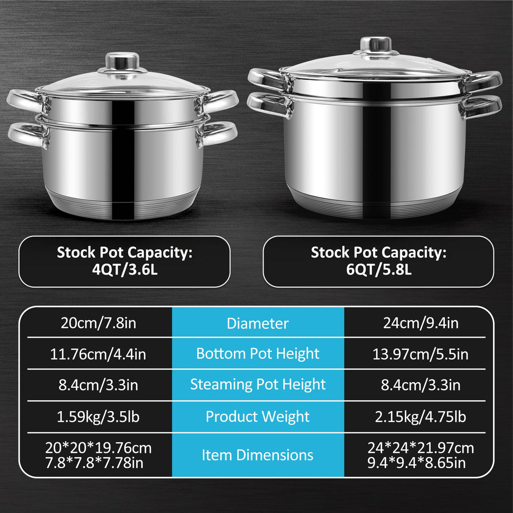 KroWallu 3.6L / 4QT Stock Pot with Steamer, Stainless Steel Pot Set Including Stock Pot, Steamer and Tempered Glass Lid, Stay Cool Handle, Work with Gas Electric Induction Stove, Dishwasher