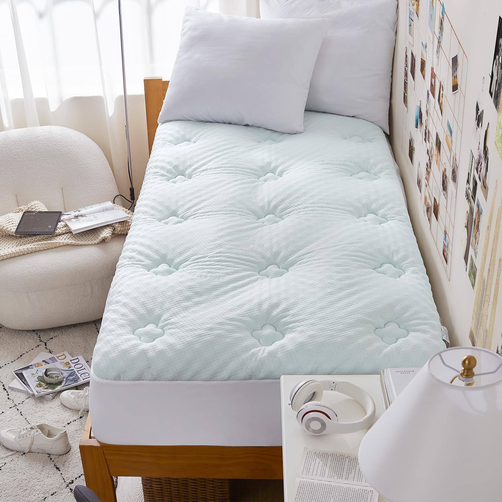 Hansleep Memory Foam Mattress Pad Twin XL, Twin XL Mattress Topper for College Dorm, Fluffy Mattress Pad with Deep Pocket, Breathable Air Mattress Topper Cover, White, 39x80 Inches
