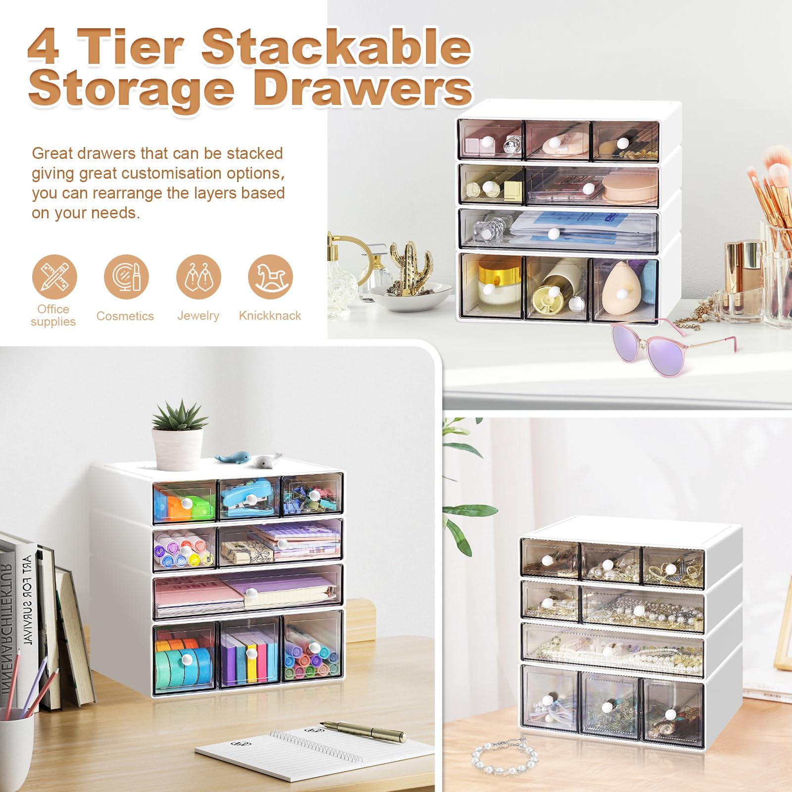Desk Organizer with 9 Drawers, 4 Tier Plastic Stackable Storage Drawers for Desk Storage, Office Stationary Makeup Organizer Suit for Home, Office and School (White)