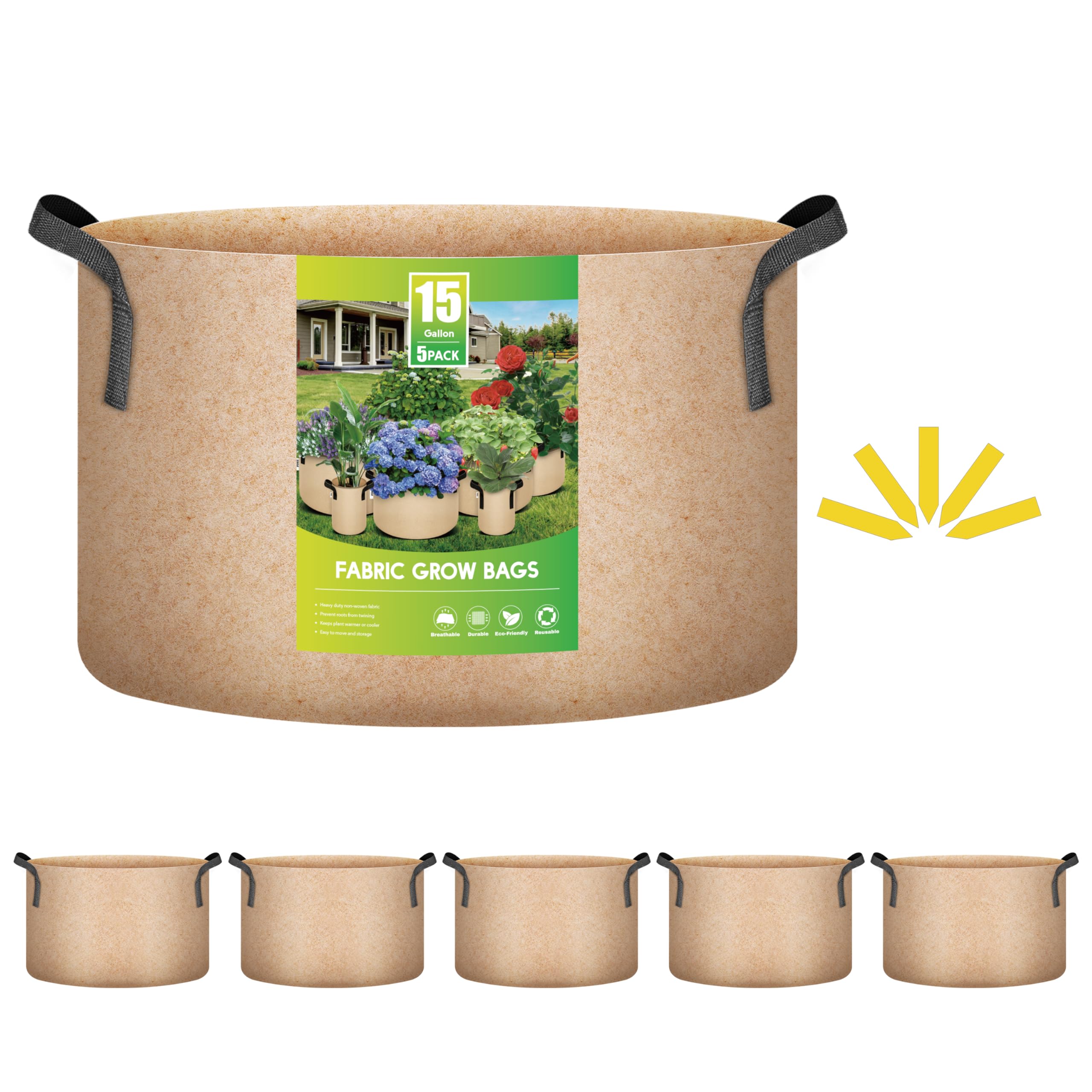 iPower 15 Gallon 5 Pack Grow Bags Nonwoven Fabric Pots Aeration Container with Strap Handles for Garden and Planting, Tan