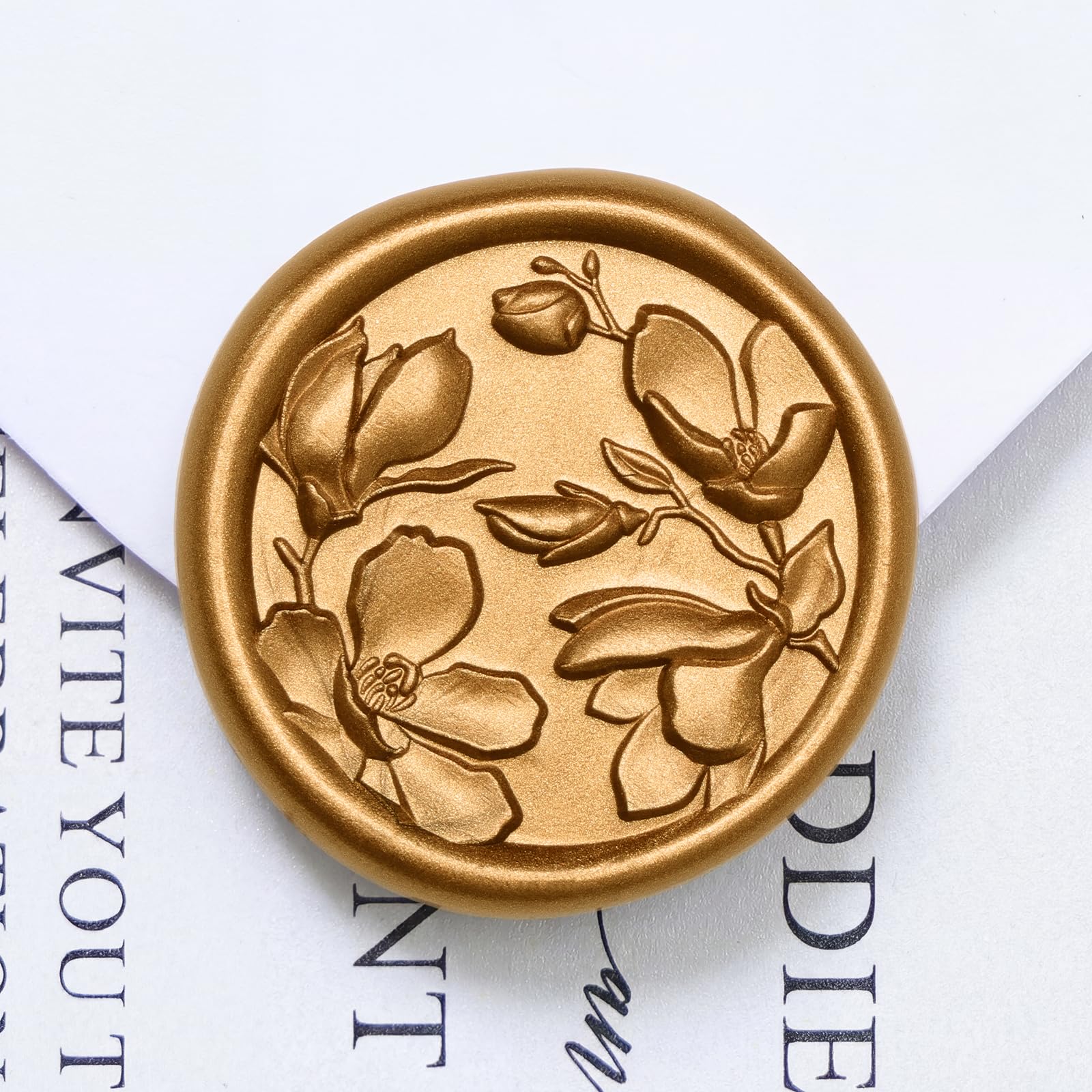 UNIQOOO Wax Seal Stickers - 3D Magnolia Wedding Invitation Envelope Botanical Seal Stickers, 50 Pcs Self- Adhesive Antique Gold Stickers, Perfect for Invitation, Christmas, Gift Wrapping, Party