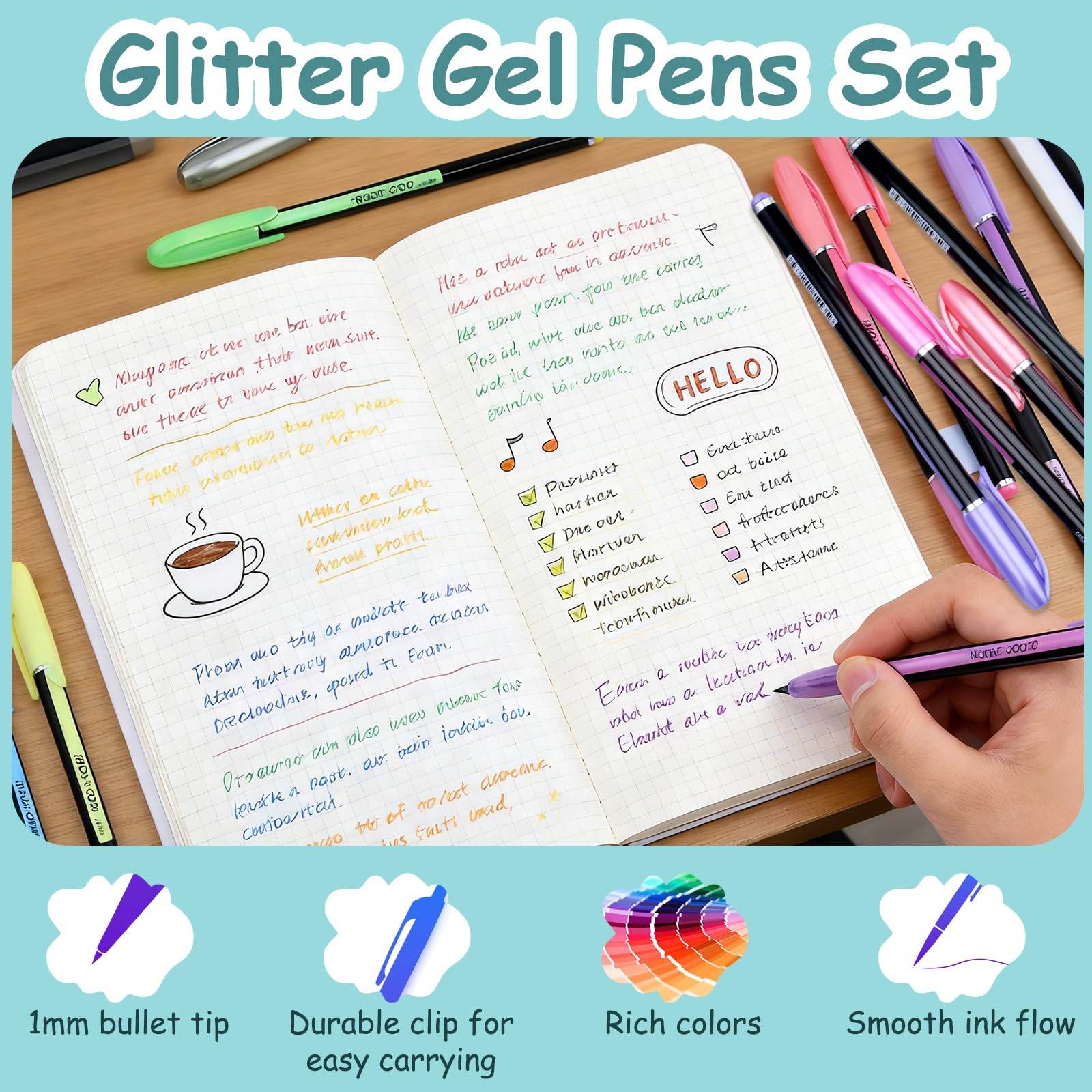 BQUKKIMAG 60Pack Glitter Gel Pens Set, Vibrant Metallic and Shimmer Gel Pens for Artists, No-Skip Ink Fine Tip Pens for Sketching, Painting, Adult Coloring