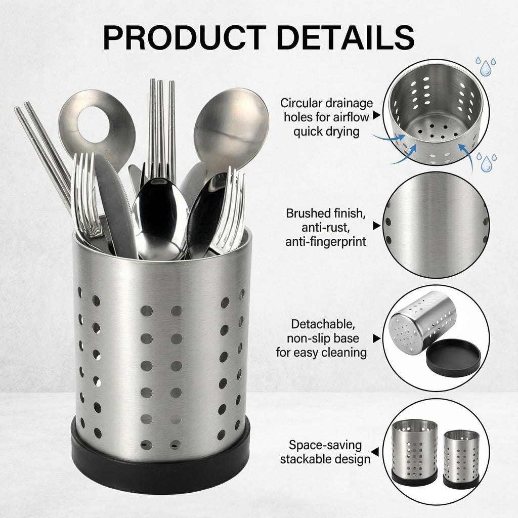 TOPZEA Set of 4 Kitchen Utensil Holder, Stainless Steel Cooking Utensil Organizer Kitchen Tools Flatware Holder Utensil Drying Cylinder Countertop Silverware Caddy