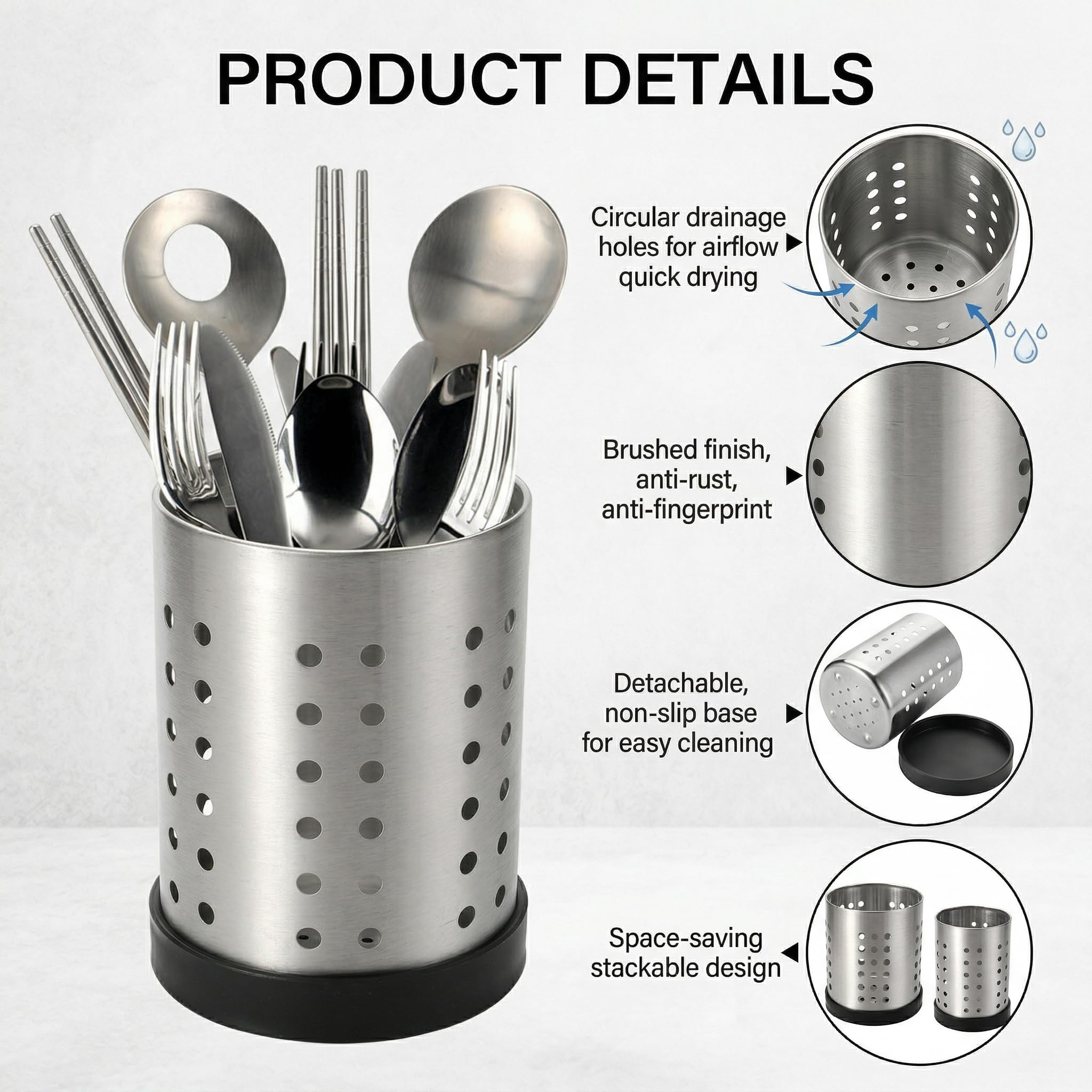 TOPZEA Set of 4 Kitchen Utensil Holder, Stainless Steel Cooking Utensil Organizer Kitchen Tools Flatware Holder Utensil Drying Cylinder Countertop Silverware Caddy