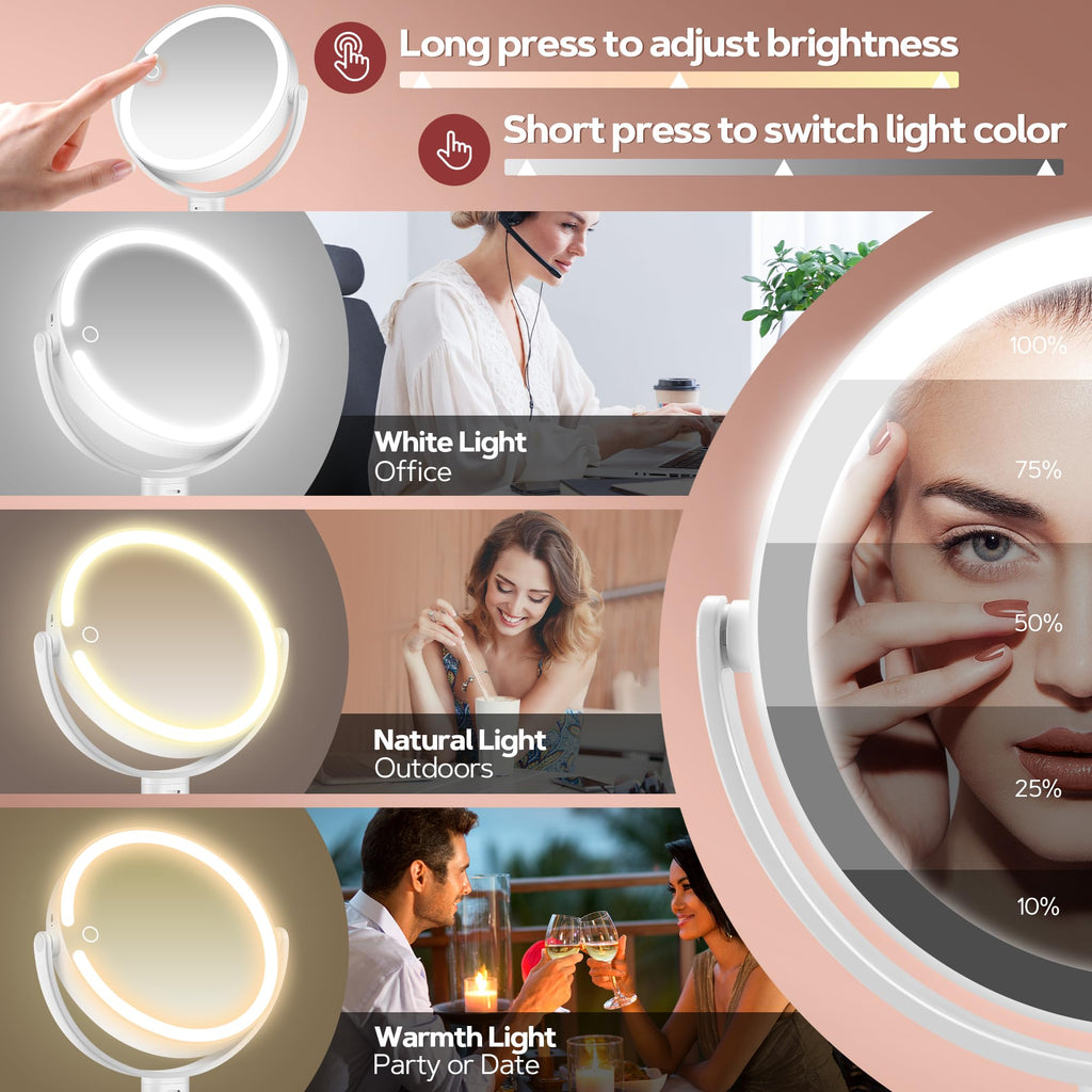 B Beauty Planet Makeup Mirror with Lights, Lighted Magnifying Mirror 30X with 3 Lighting and Adjustable Brightness, 2-Sided Height Adjustable Vanity Mirror for Bathroom, Women Gifts for Mom