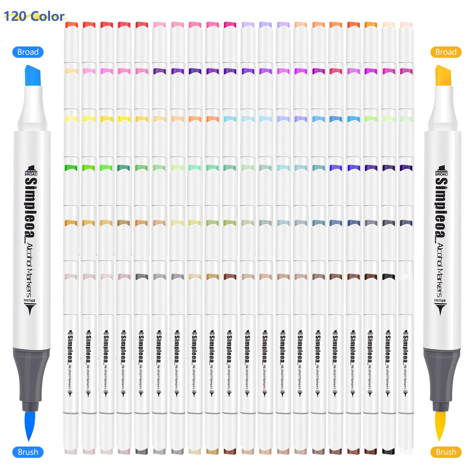 120-Color Brush & Chisel Alcohol Markers, Adults Coloring Illustration, Alcohol-based Art Marker