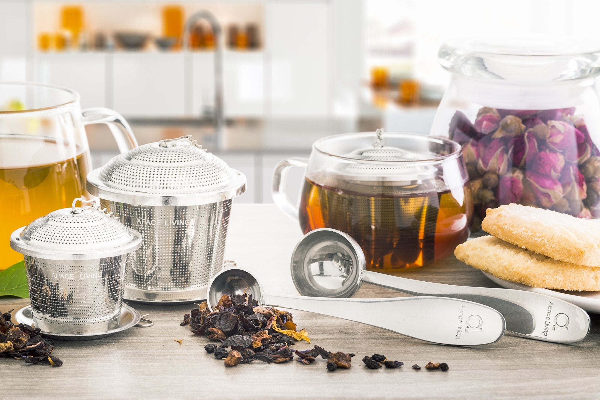 Apace Loose Leaf Tea Infuser (Set of 2) with Tea Scoop and Drip Tray - Ultra Fine Stainless Steel Strainer & Steeper for a Superior Brewing Experience (Silver, Medium)