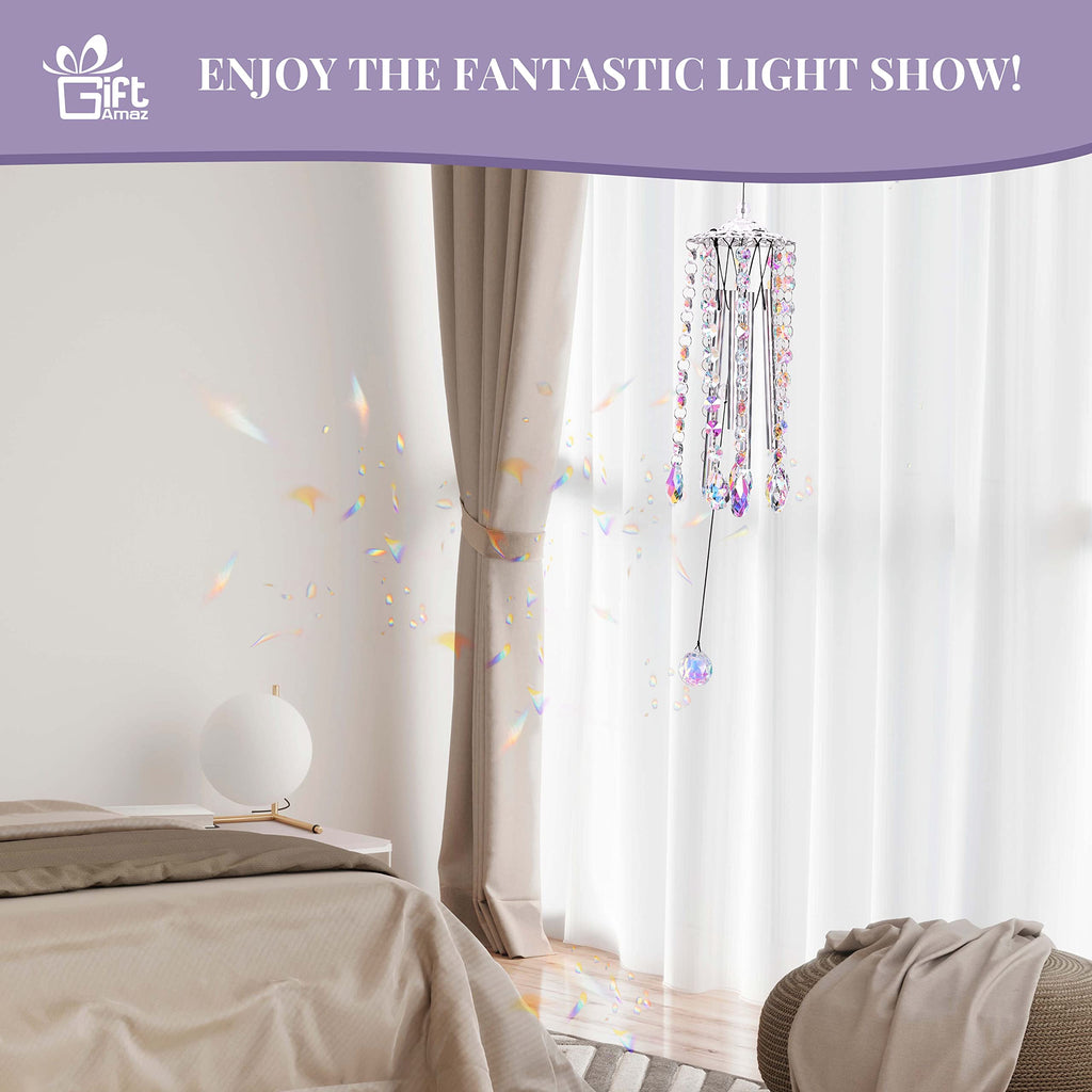GiftAmaz Crystal Suncatcher Wind Chimes with 4 Tuned Tubes, Hanging Prism Rainbow Maker Chandelier Crystal Pendant Wind Chime Window Hanging Ornament Gift for Women Friends Home Garden Decor Birthday