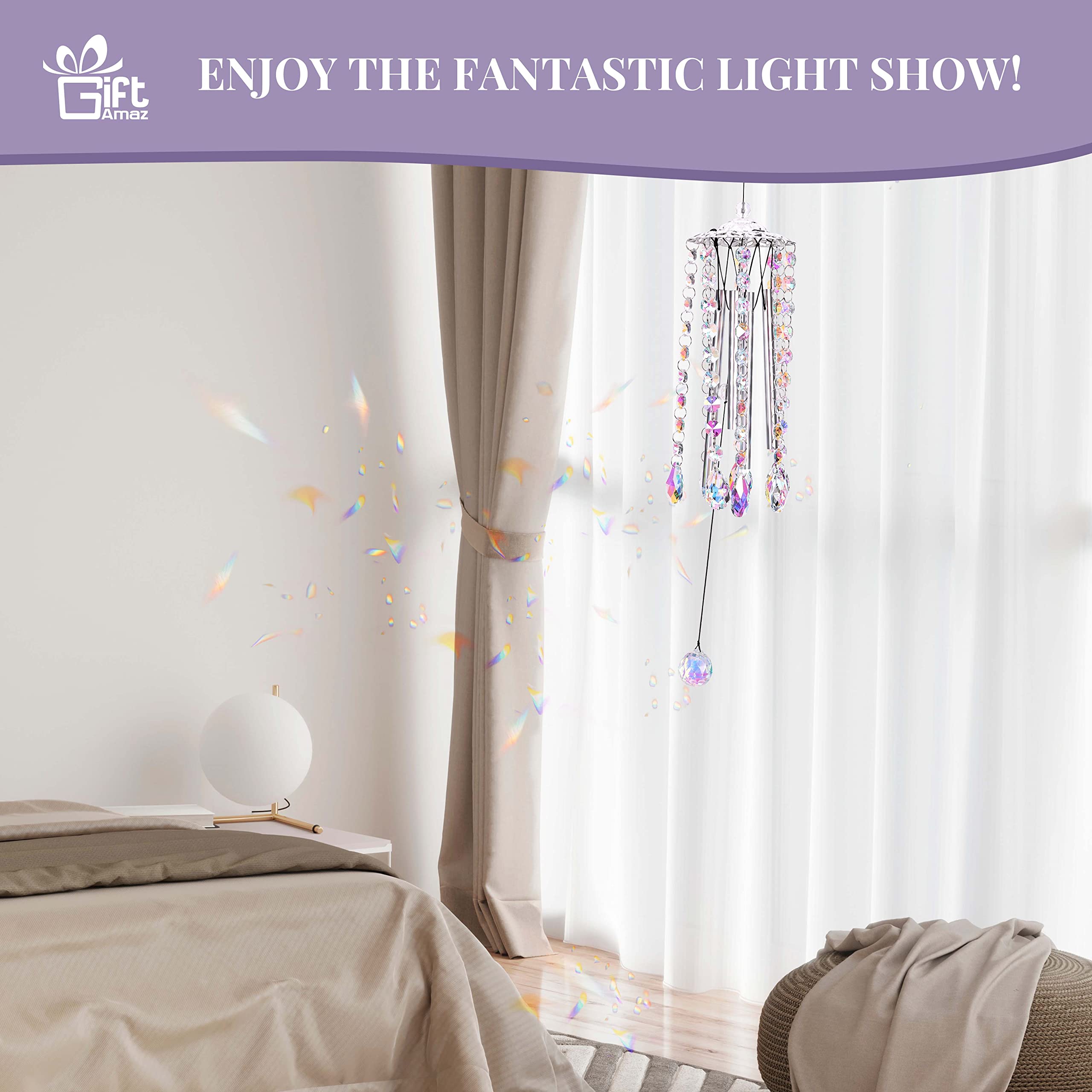 GiftAmaz Crystal Suncatcher Wind Chimes with 4 Tuned Tubes, Hanging Prism Rainbow Maker Chandelier Crystal Pendant Wind Chime Window Hanging Ornament Gift for Women Friends Home Garden Decor Birthday