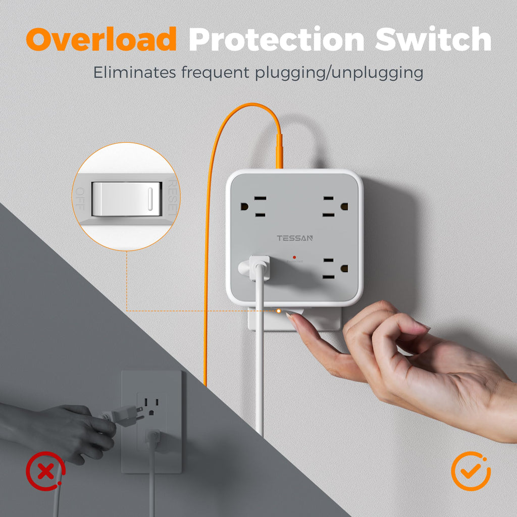 Multi Plug Outlet Extender, TESSAN 900J Surge Protector Plug Extension Block, 8 Outlet Splitter with 3 USB Ports (1 USB C), Electrical Socket for Home Office Dorm Room Essentials, Gray