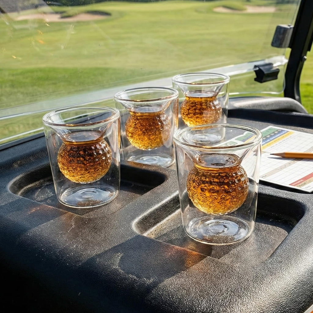 Golf Ball Shot Glass Set Funny Handmade Golf Gifts for Men - 2 oz Double Walled Glasses with 3D Shape Golf Ball Inside for Tequila, Scotch, Whiskey, Bourbon, and Cocktail (4)