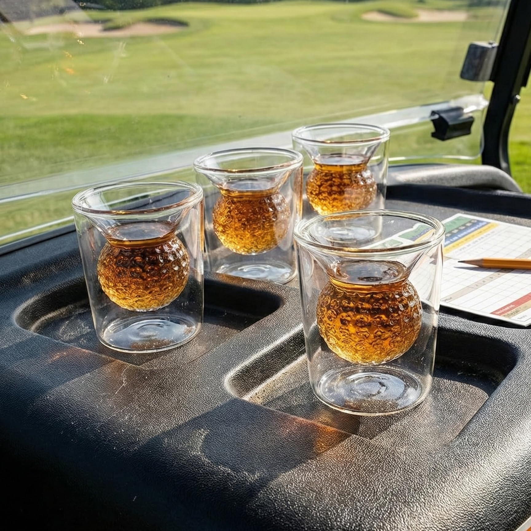 Golf Ball Shot Glass Set Funny Handmade Golf Gifts for Men - 2 oz Double Walled Glasses with 3D Shape Golf Ball Inside for Tequila, Scotch, Whiskey, Bourbon, and Cocktail (4)