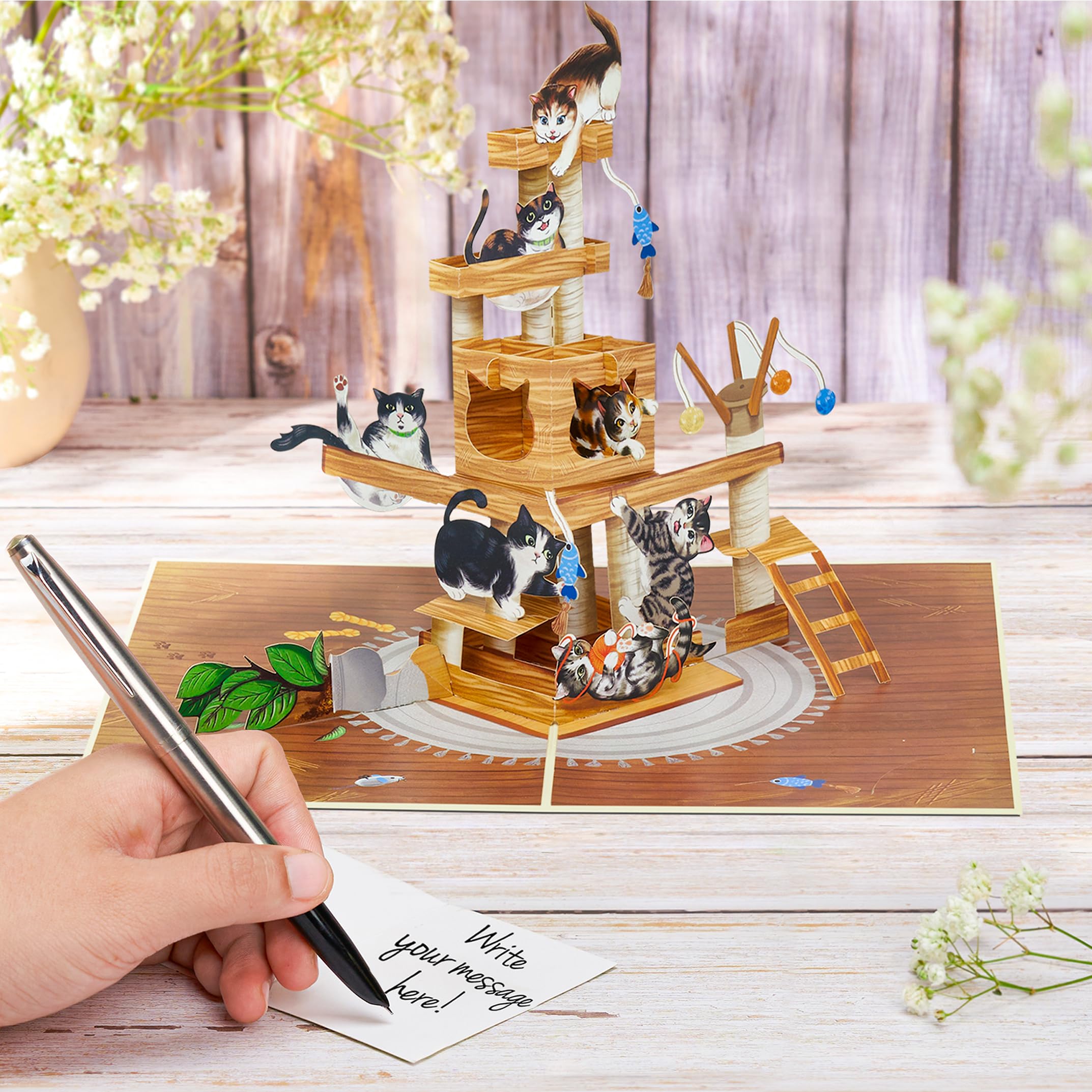 POPWOW Cat Tree Pop Up Card, Funny Cats, 3D Greeting Card, Gifts for Birthday, Valentines day, Mothers Day, Fathers Day, Cat Person, 5x7 - Includes Envelope And Message Note