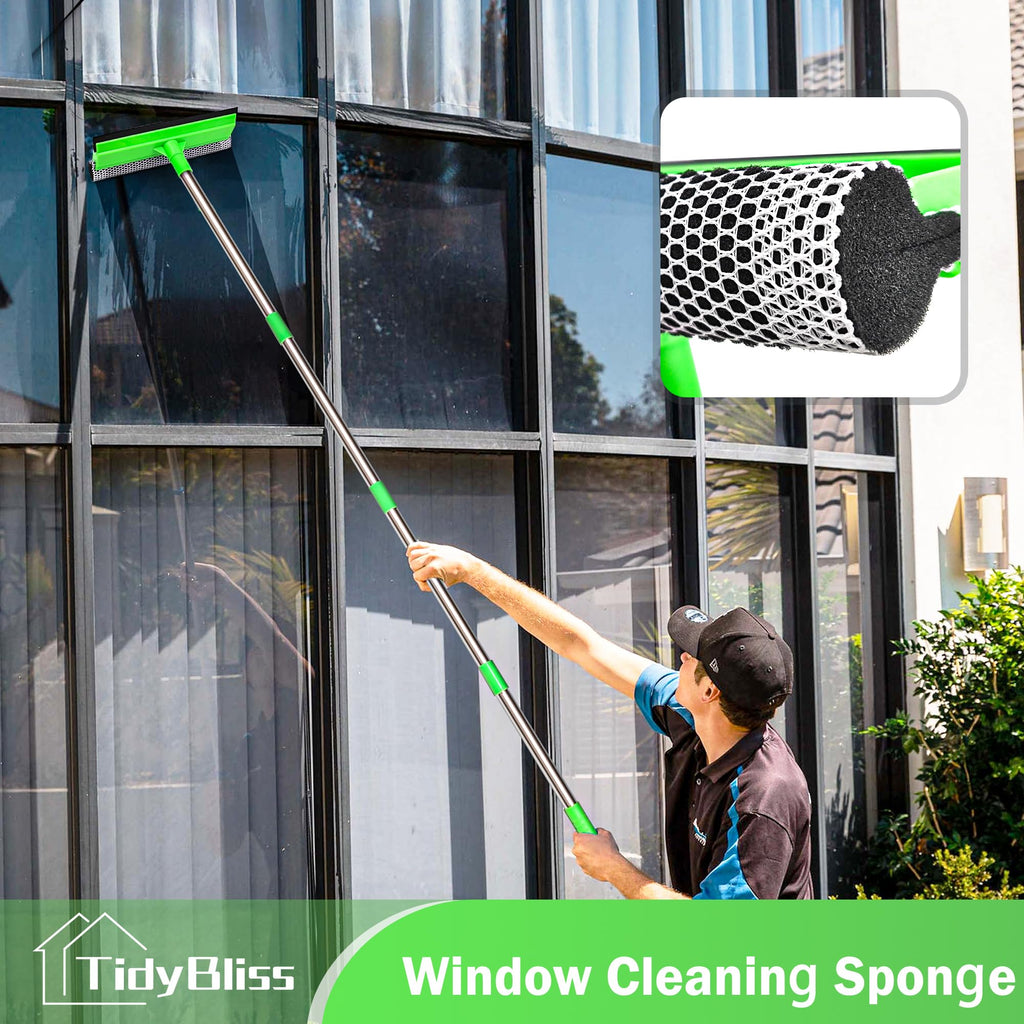 TidyBliss Window Cleaning Tools with Extension Pole 56”, Professional Car Windshield Washing Squeegee Kit, Household Glass Cleaner Sponge Scrubber for Mirror Home Outdoor (Green)