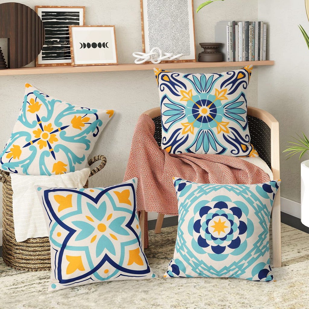 Dremisland Outdoor Throw Pillow Covers Waterproof Pillow Covers 18x18 Set of 4 Boho Linen Throw Pillow Covers Modern Blue Decorative Pillow Case for Patio Garden Balcony Couch Deck Chair