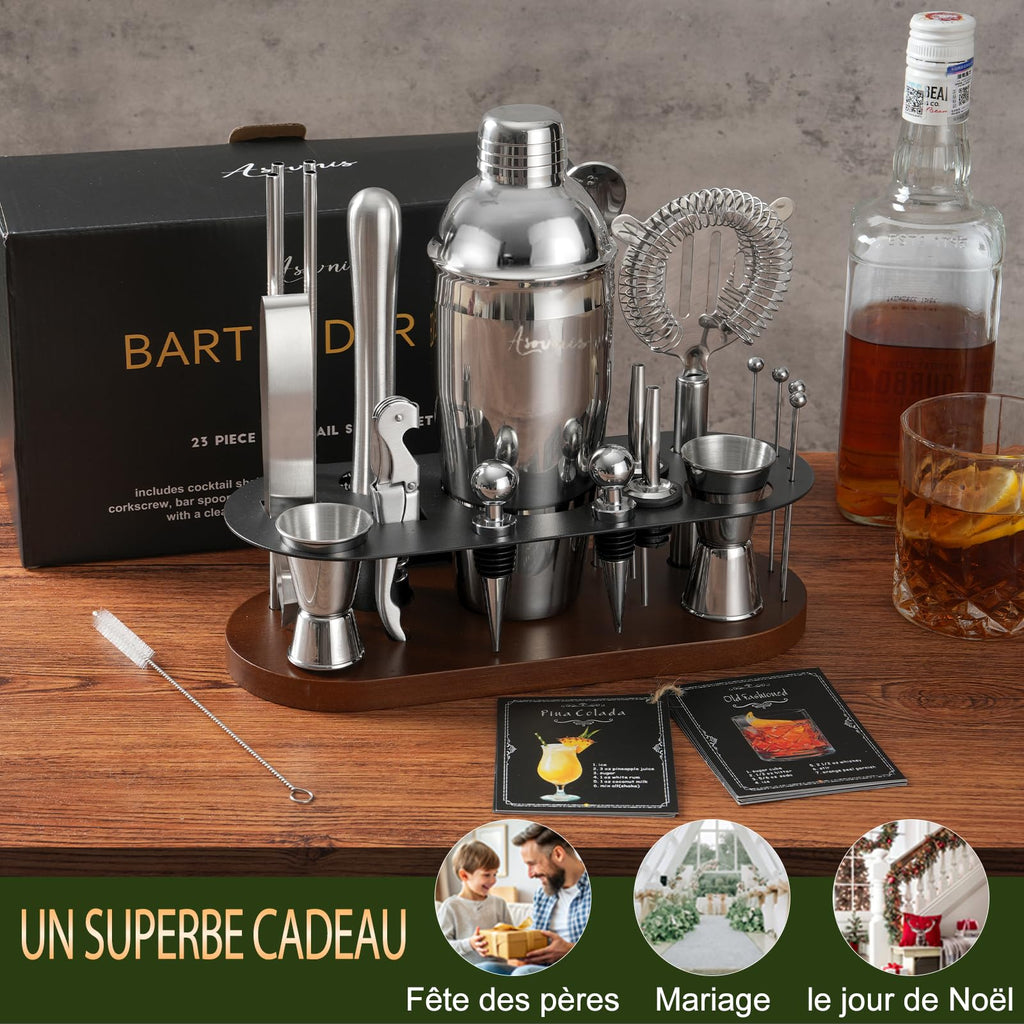 23-Piece Bartender Kit, Cocktail Shaker Set with Stand | Bar Set Drink Mixer Set with All Essential Bar Tools: Martini Shaker,Bar Mixer Spoon, Jigger, Strainer, Muddler, Pourers, for Home, Bar, Party
