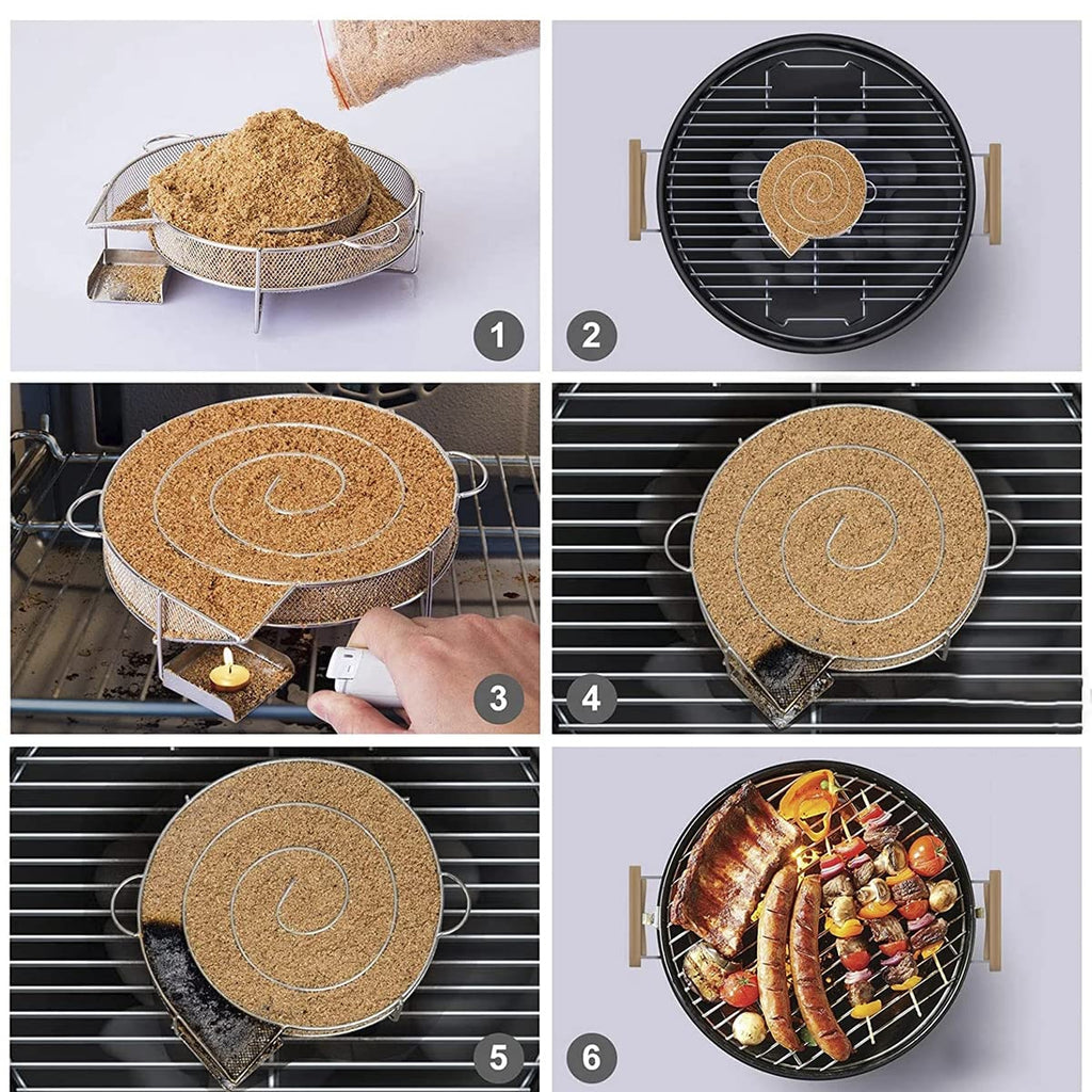 Cold Smoke Generator for BBQ Grill or Smoker Wood Dust Hot and Cold Smoking Salmon Meat Burn, Stainless Steel Pellet Smoke Generator with Brush and Hooks, Round Cold Smoker Generator for Kettle