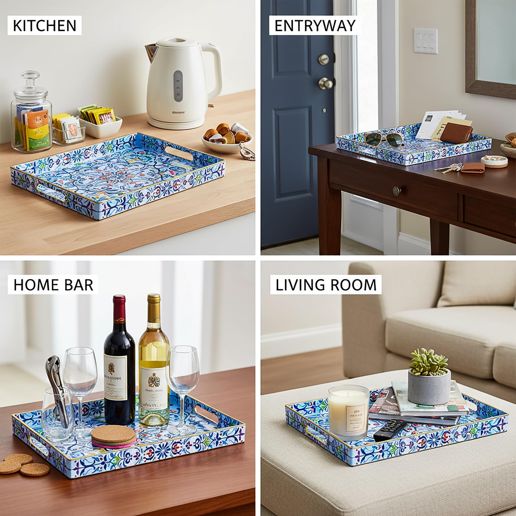Hiceeden Set of 2 Boho Floral Serving Tray with Handles, 15.7" x 11.8" Decorative Plastic Ottoman Tray, Modern Large Coffee Table Server for Living Room, Bathroom, Rectangle, Blue