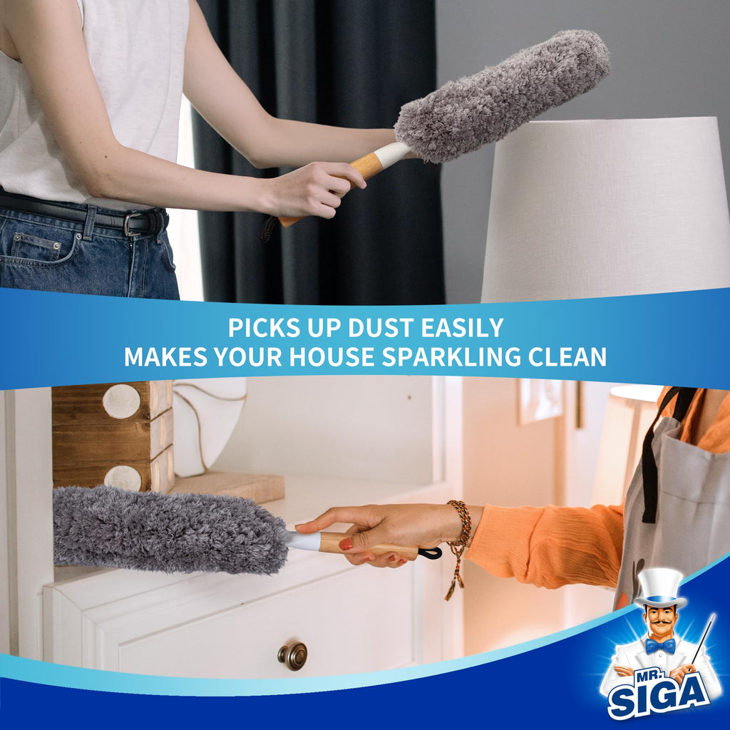 MR.SIGA Lint Free Microfiber Duster, Washable and Reusable Dust Brush with Bamboo Handle and Replaceable Head, Dusting Tool for Household Cleaning