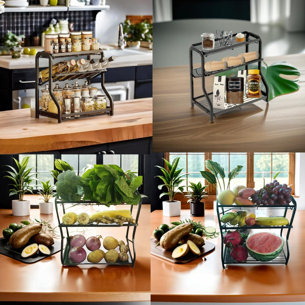 DadaoEC 3 Tier Countertop Organizer For Kitchen Black Steels Cooking oil bottle and Spice Seasoning Sauce storage rack Metal counter shelf for Cupboard