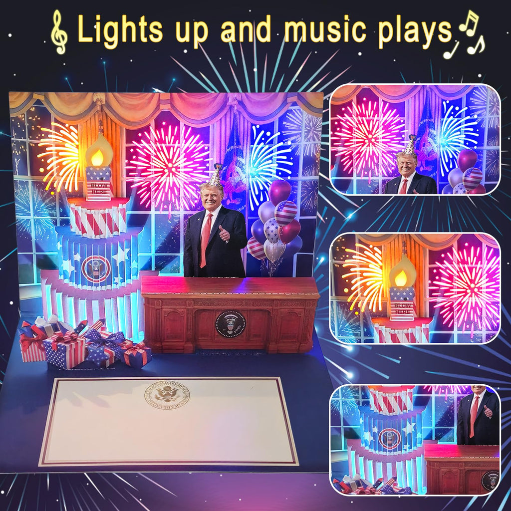 3D Pop-Up Birthday Card with Music & Light – President’s Voice Funny Greeting, Happy Birthday Song & Blow-Out Candle Effect – Unique Gift for Him & Her