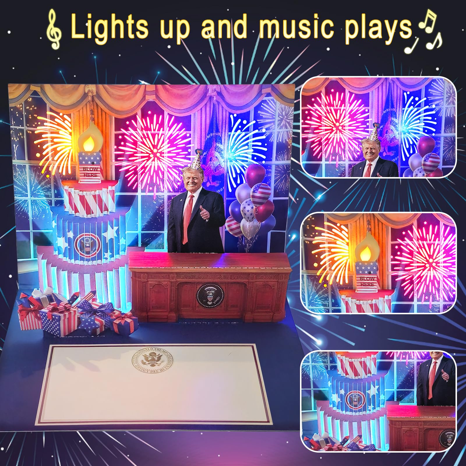 3D Pop-Up Birthday Card with Music & Light – President’s Voice Funny Greeting, Happy Birthday Song & Blow-Out Candle Effect – Unique Gift for Him & Her