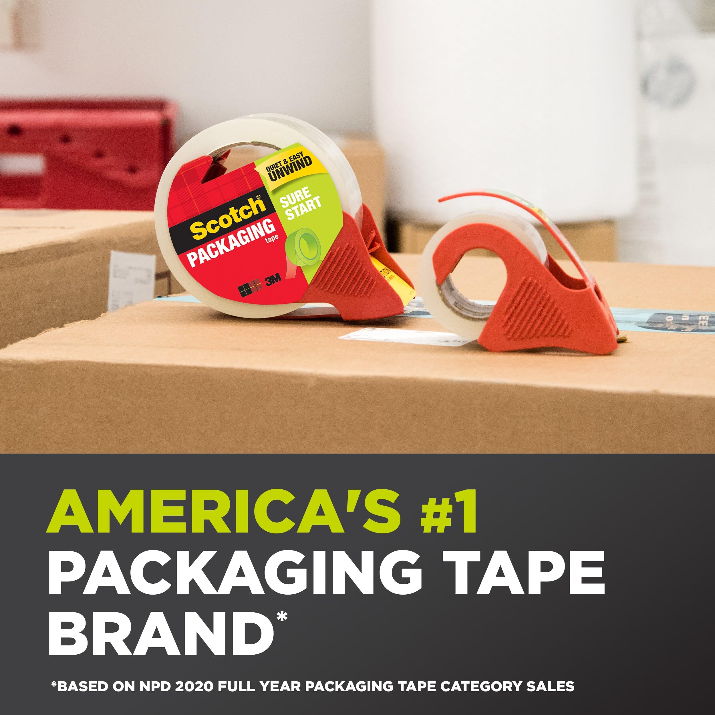 Scotch Sure Start Shipping Packaging Tape, 1.88" x 22.2 yd, Designed for Packing, Shipping and Mailing, Quiet Unwind, No Splitting or Tearing, 1.5" Core, Clear, 6 Dispensered Rolls (145-6)