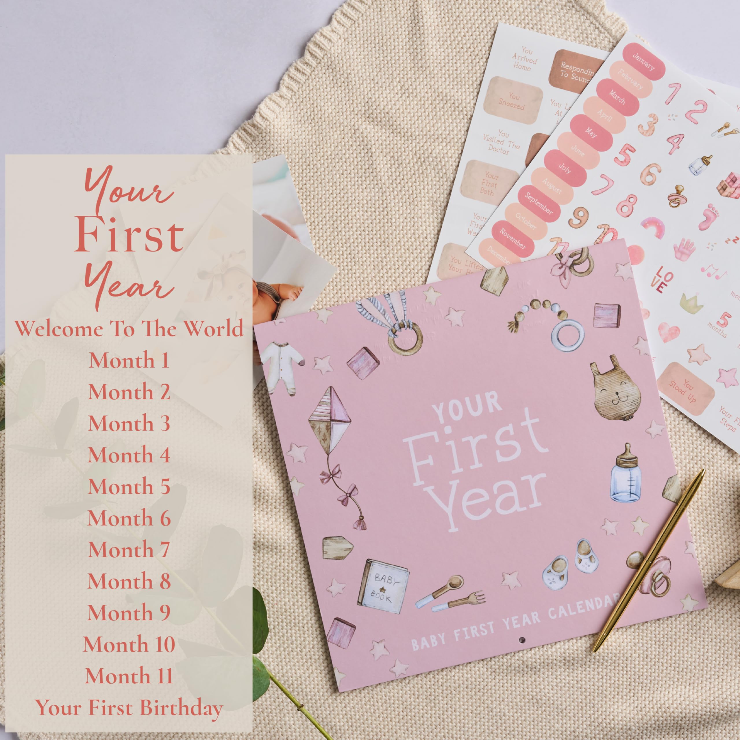 Baby's First Year Calendar with 100 Stickers - Pink Watercolor Design 1st Years Wall Calendar With Stickers, Baby Tracker, Baby Scrapbook for New Mom and Newborn Baby Girls