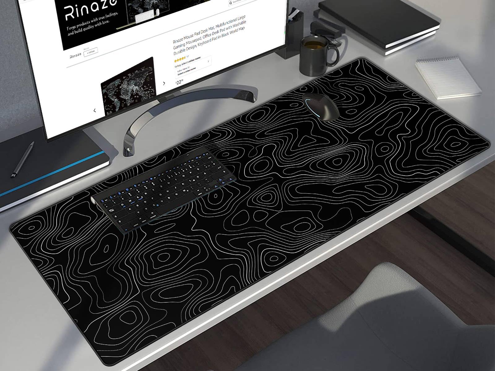 Rinaze Large Mouse Pad Desk Mat with Black Topographic, Anti-Slip Keyboard Pad with Multifunctional, Comfortable Gaming Mousepad, Office Desk Accessories for Computer, Home and Gaming
