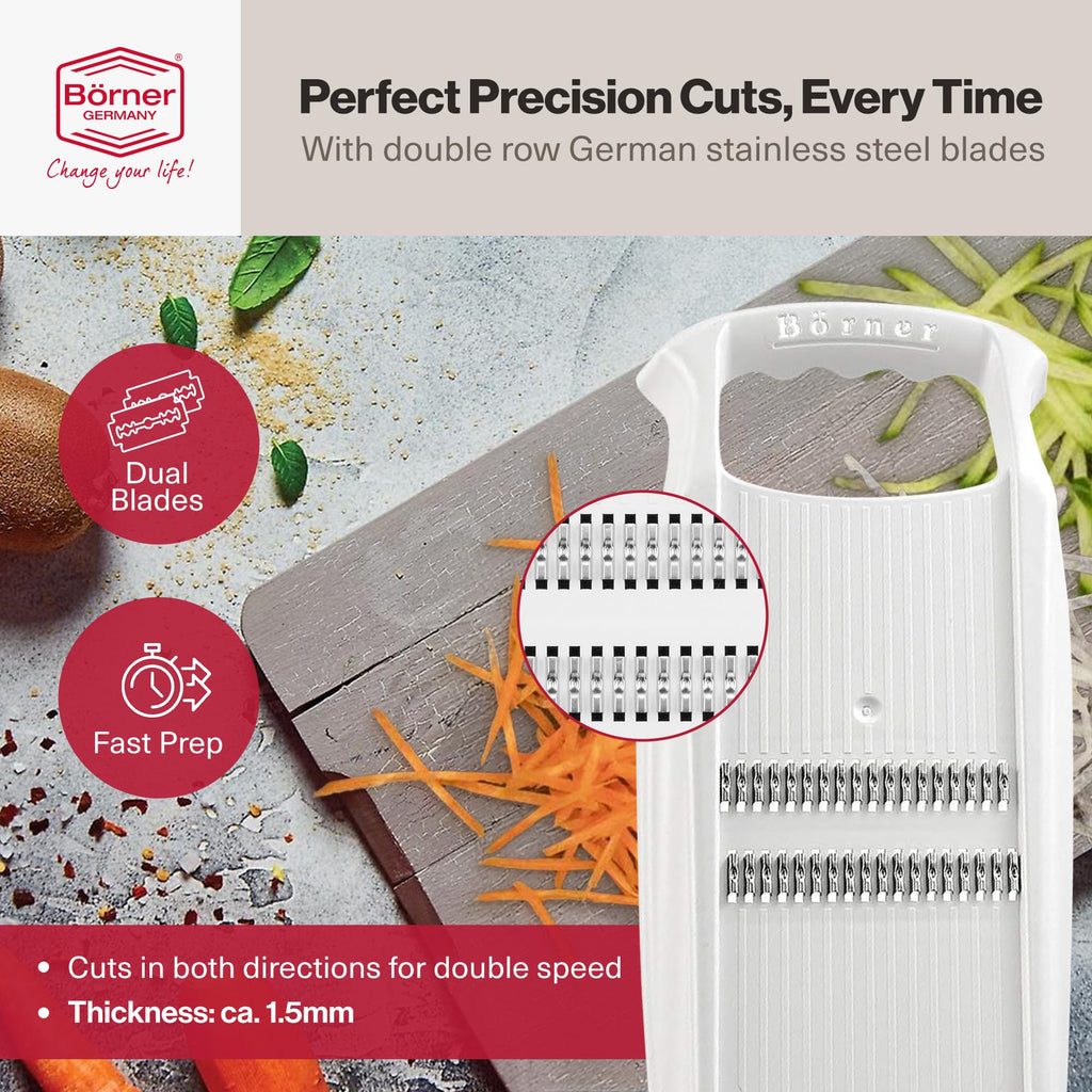 Swissmar Börner Powerline Thin Julienne Vegetable Slicer – Precision Mandoline Slicer for Potatoes, Zucchini, & Hard Fruits - Perfect for Vegetable Salad – Essential Kitchen Gadgets - White