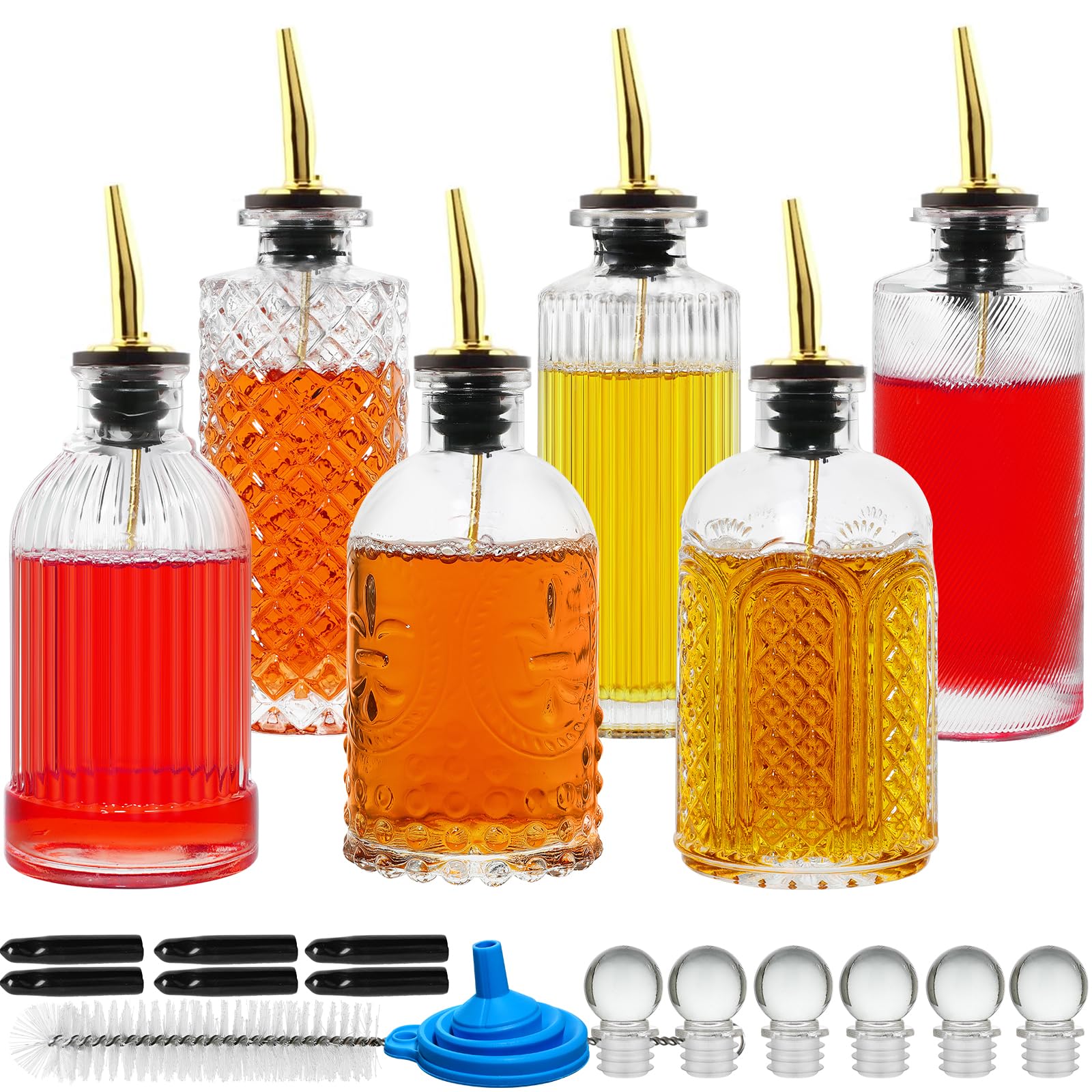 INFTYLE Coffee Syrup Dispenser Olive Oil and Vinegar Glass Bottle Set of 6 Ideal for Kitchen, Coffee Bar, Clear Simple Small Syrup Bottles, with Leak-Proof Lids, Pour Spout, Glass Stopper