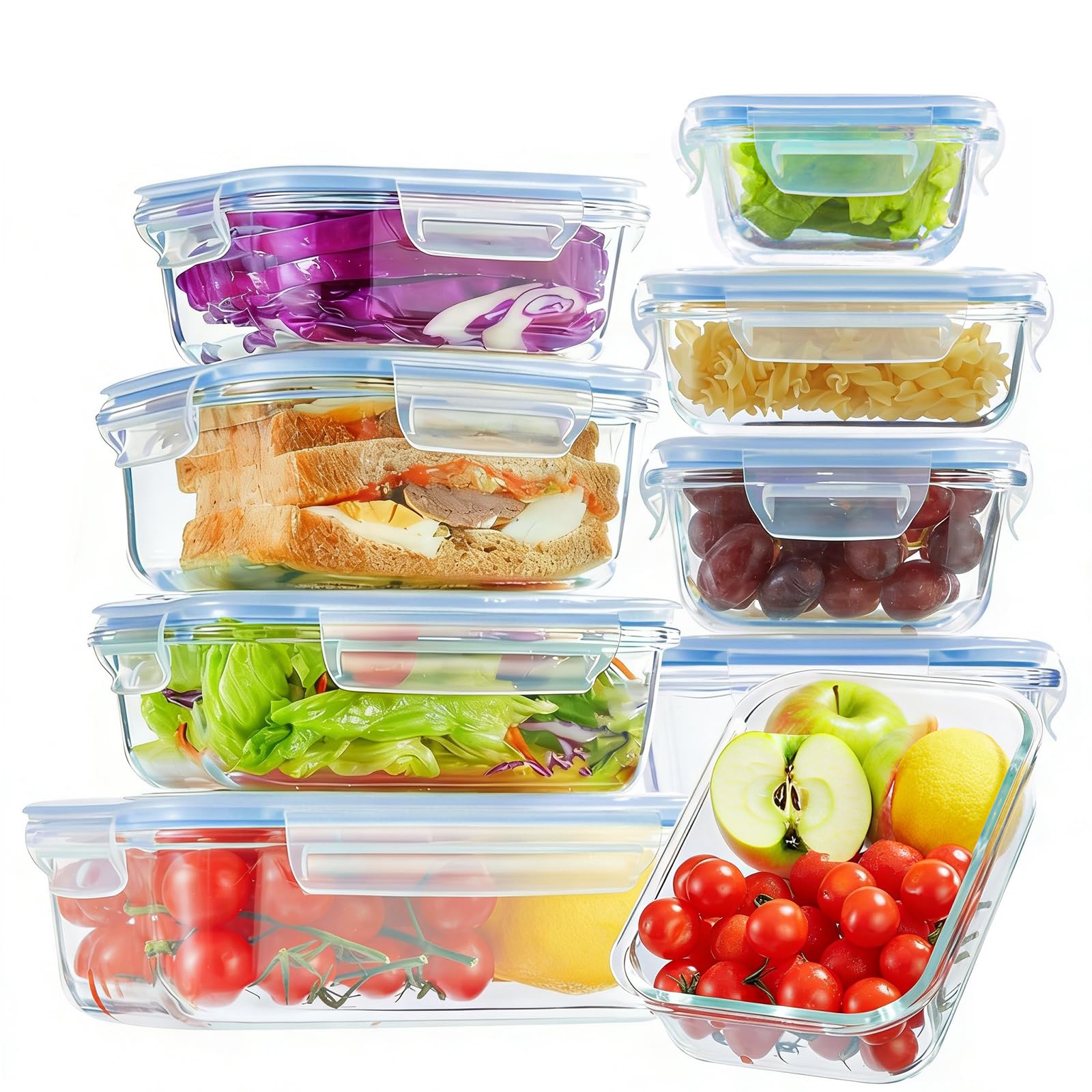 Asnews 8 Pack Glass Meal Prep Containers with Lids, Glass Food Storage Containers with Snap Locking Lids, Airtight Lunch Containers for Microwave, Oven, Freezer and Dishwasher BPA Free (Blue)
