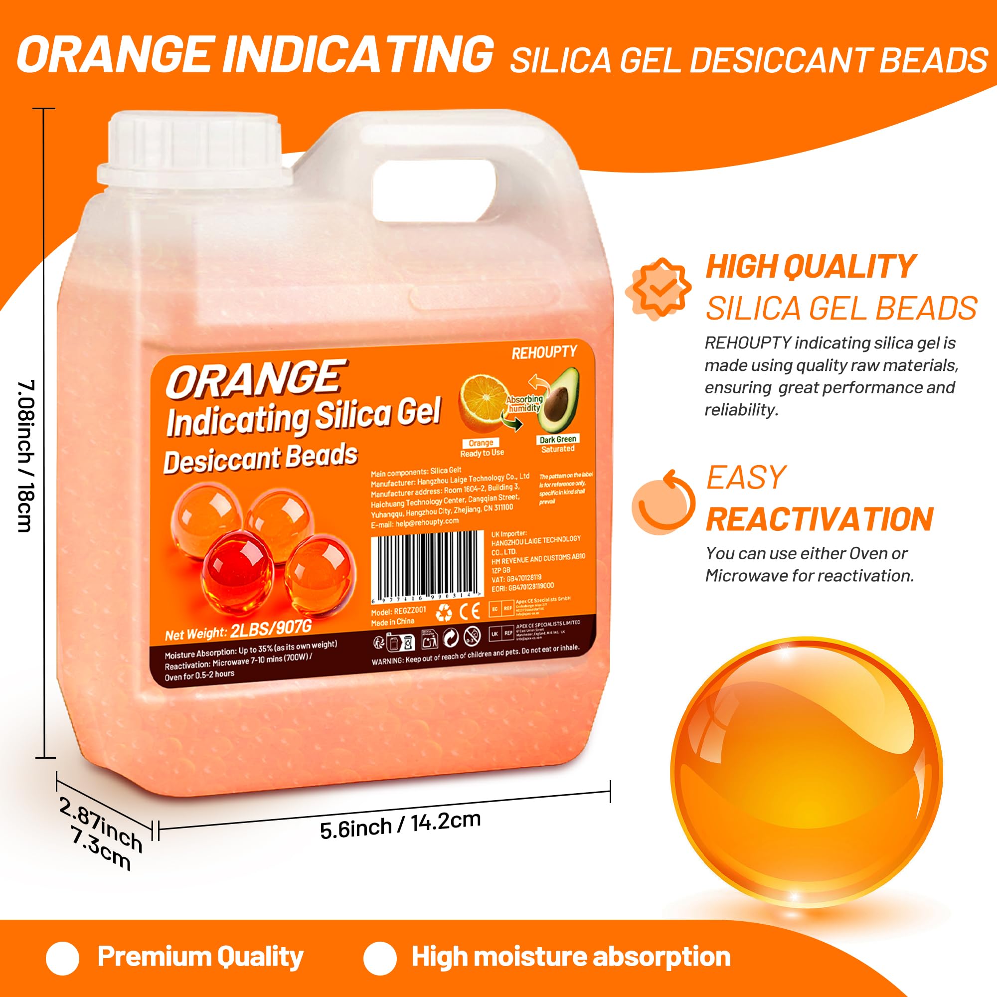 REHOUPTY Orange Silica Desiccant Beads 2LBS, Reusable Indicating Silica Gel Beads, 3-5mm Desiccant Dehumidifier Beads for 3D Filament, Electronic Devices, Camera, Jewelry (10 Organza Bags Included)
