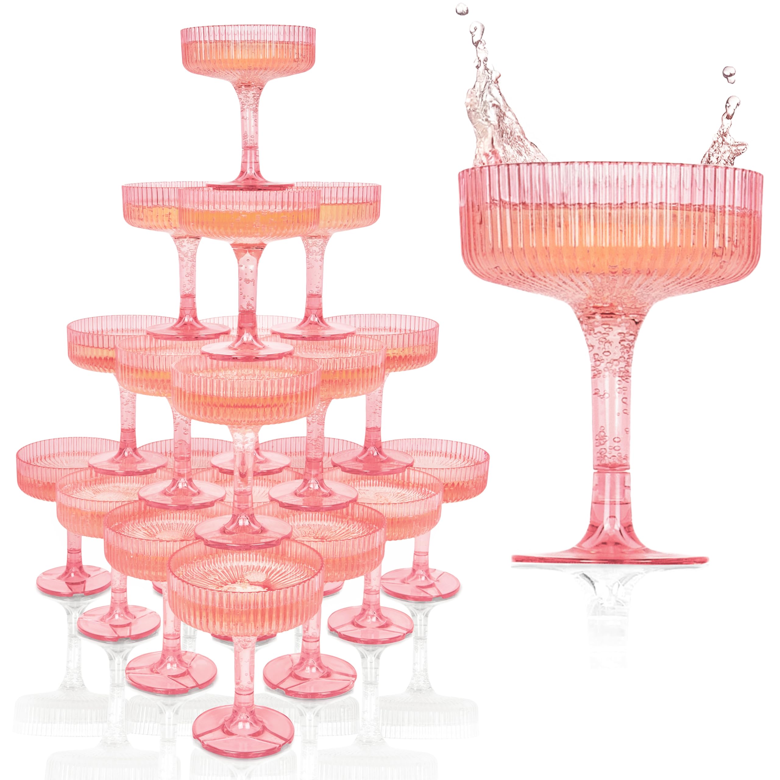 Plastic Champagne Tower - 21-Piece 7oz Plastic Coupe Glasses, Champagne Tower Glasses Set for Weddings, Parties & Hosting - Pink