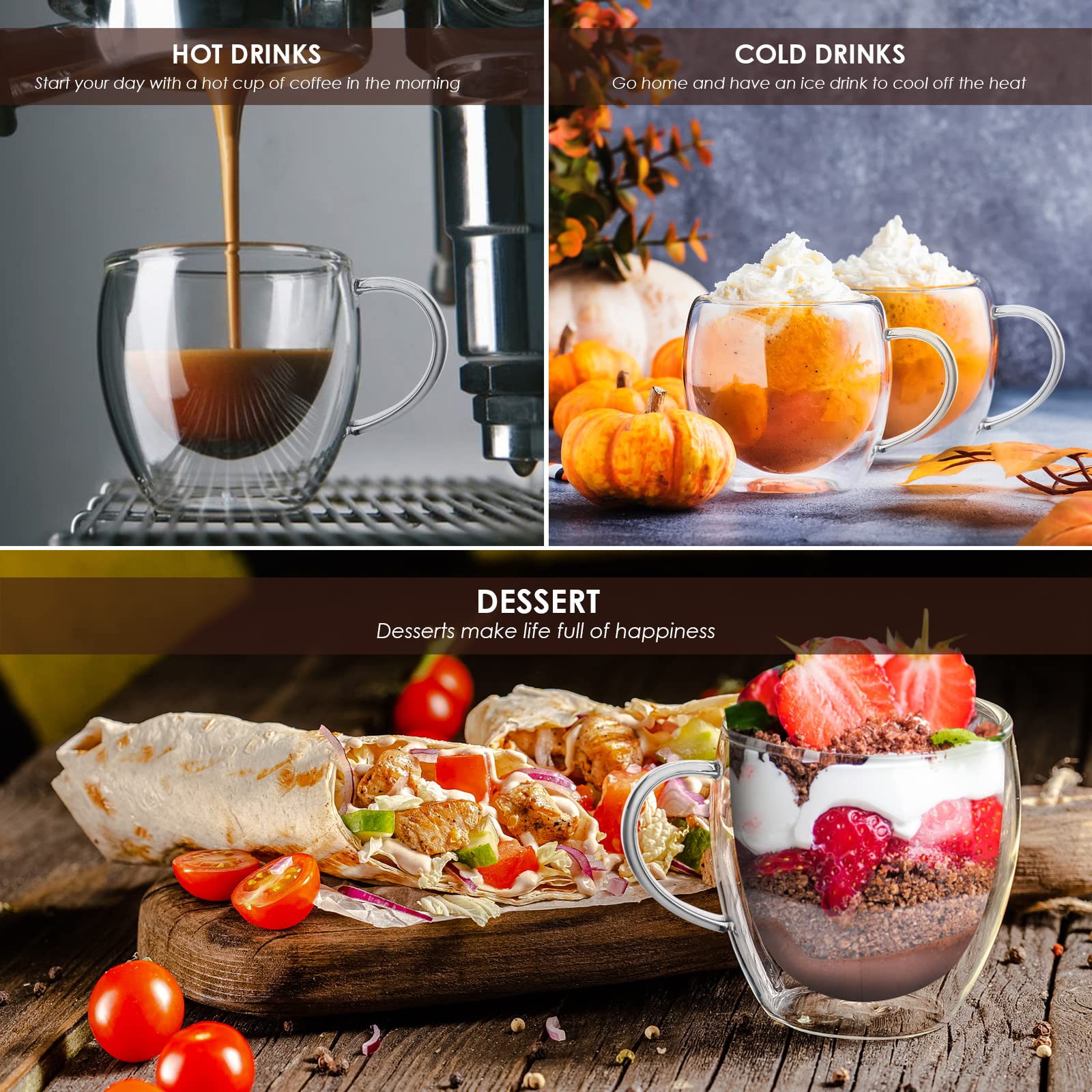 Cappuccino Glass Mugs, Set of 4 Double Walled Espresso Mug Cups Glass Mug Set, Insulated Drinking Glass Coffee Cups with Handle, Clear Glass Mugs for Latte, Cappuccino, Tea Bag, Juice (250ml /8.45oz)