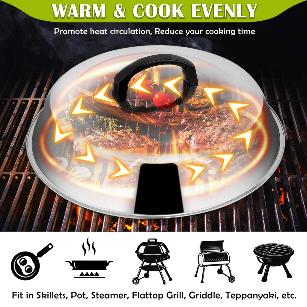 12 Inch Cheese Melting Dome Set of 2, Joyfair Basting Cover for Griddle Grilling Outdoor Camping/Flat Top Teppanyaki, Stainless Steel Lids with Heat-Proof Handle, Dishwasher Safe